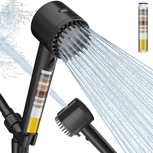 Cobbe Cabezal de ducha filtrado con mano, cabezal de ducha de alta presión 4+1 modo de pulverización con filtros, lavado eléctrico integrado para