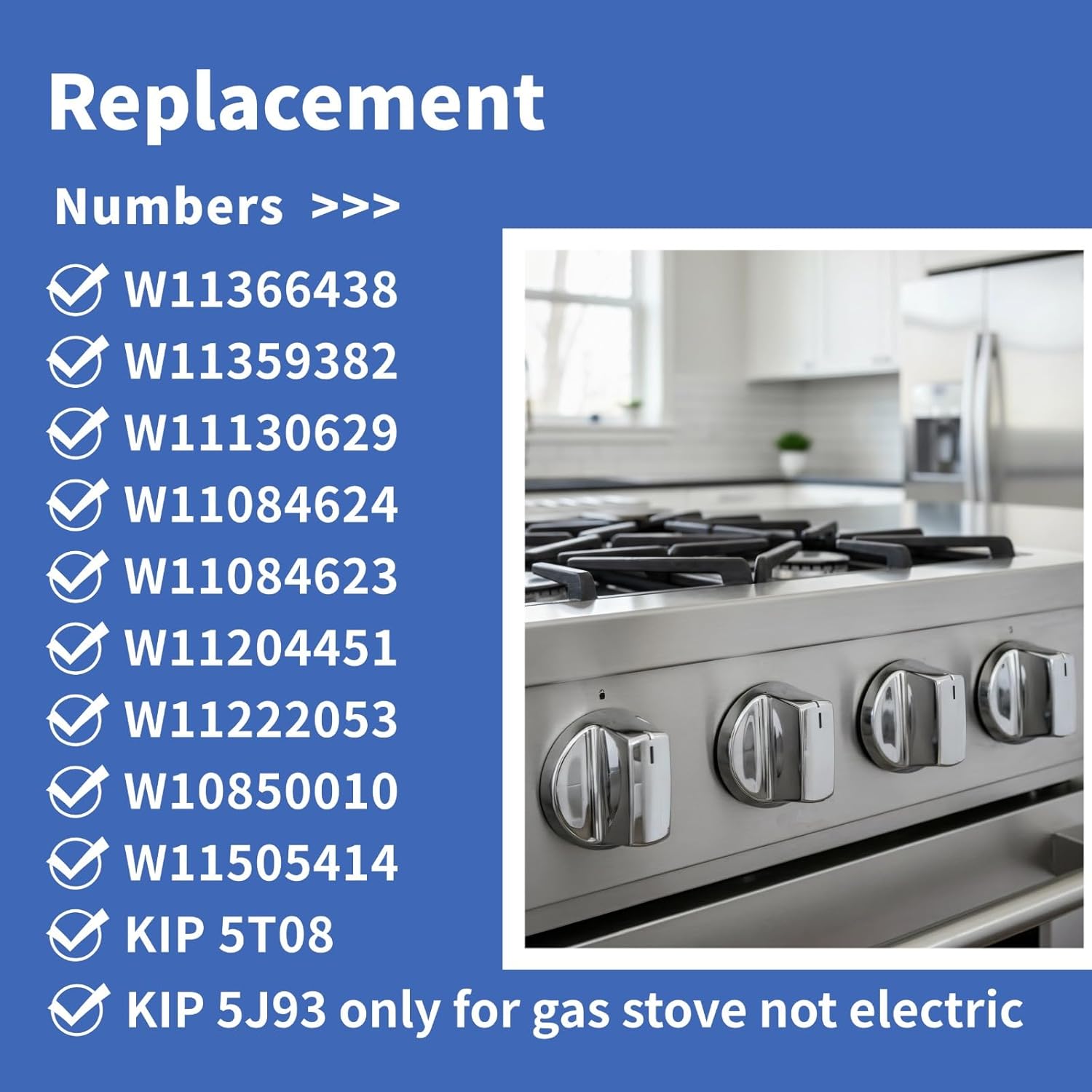 4Pcs W10850010 Knobs Replacements for Whirlpool Stove Knobs W 10850010 Kip 5t08 W11366438 W11084624 W11359382 Gas Stove Range Cooktop Stovetop Burner Control Top Knobs Silver