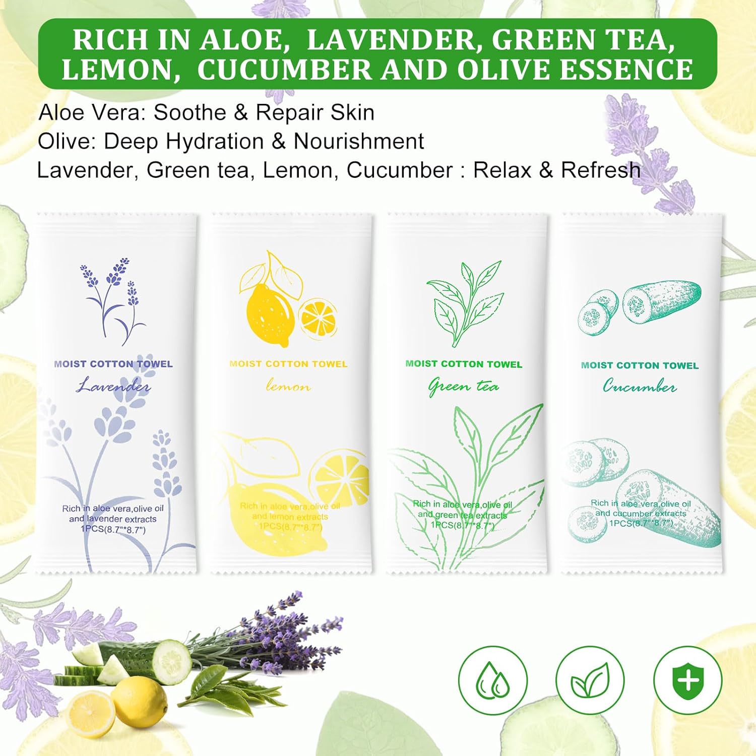 Moist Cotton Towel Bulk Moist Towelettes Individually Wrapped,White Towel Services,Refreshment Pre Moistened Towels for Dentist Travel Sport Party Hotel 100，Lavender,Green tea, Lemon and Cucumber