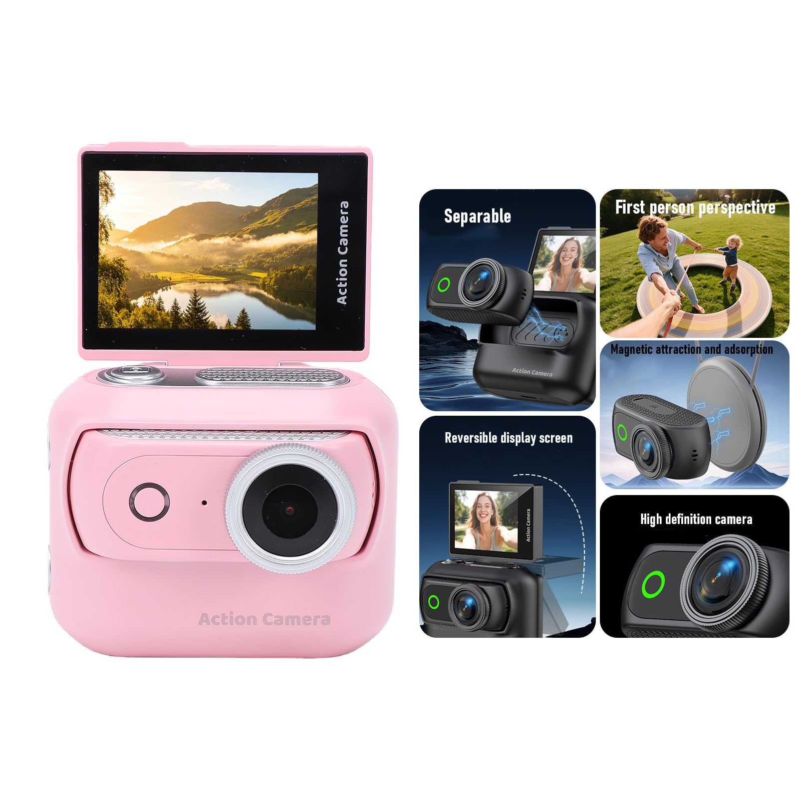 Action Camera 4K con Schermo Ribaltabile Magnetico, Mini Fotocamera Wireless da 48 MP per il Pollice per Vlogging, Fotocamera Sportiva a Doppia Batteria per Ciclismo, Sci, Viaggi, Videocamera