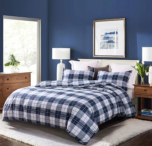 Miniatura 2 de SLEEPBELLA Juego de edredón tamaño Queen, juego de edredón de algodón de 600 hilos azul marino y gris con patrón de búfalo azul, juego de ropa de