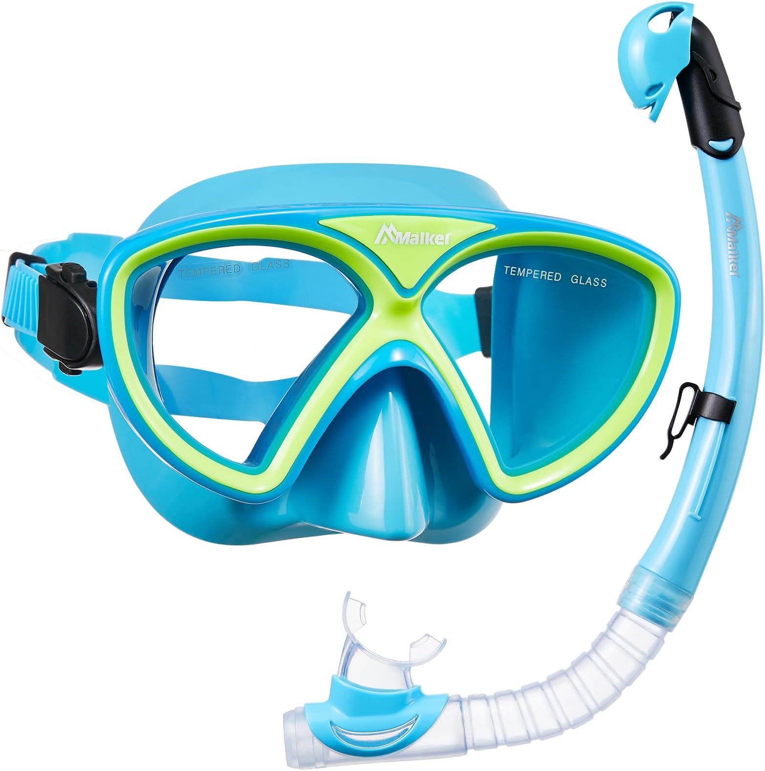 Malker Kids Snorkeling Set Snorkel Mask Dry Top Snorkeling Gear Anti-Fog Diving Mask Tempered Glass with Mesh Bag for Kids Youth