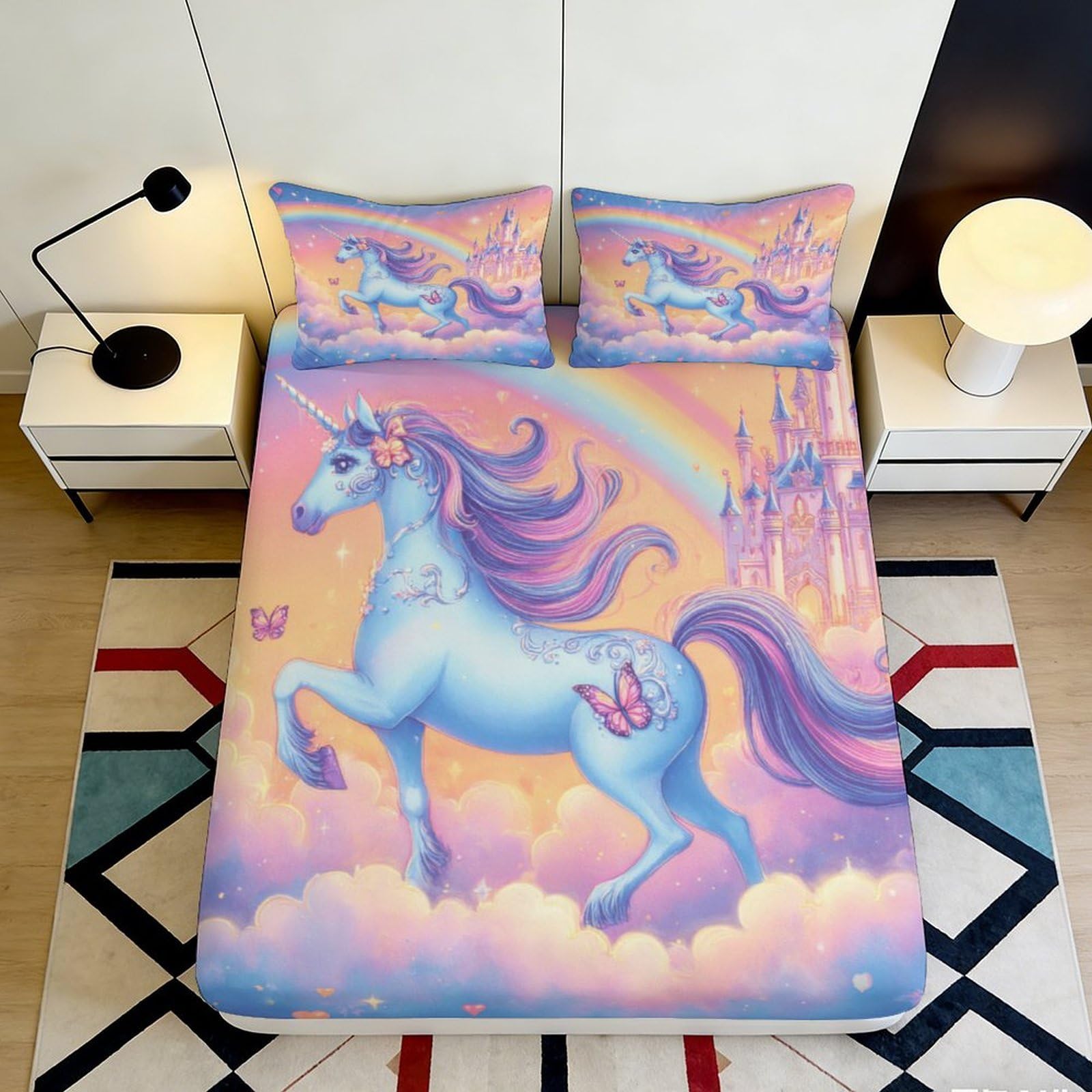 3D Printed Fantasy Unicorn Fitted Sheet Microfiber Pastel Rainbow Bed Cover for Bedroom Dorm Mattress Protection Decor 90x200x25cm