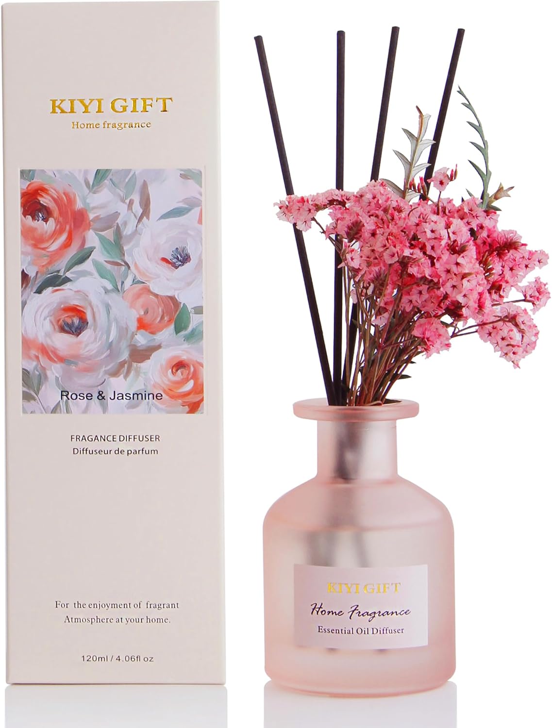 KIYIGIFT-Reed Diffuser Set – Includes Reeds, Fragrance Oil, and Frosted Glass Bottle – Fragrance Oil Diffuser – Room Fresheners – Home Decor (4.06oz Jasmine Rose)