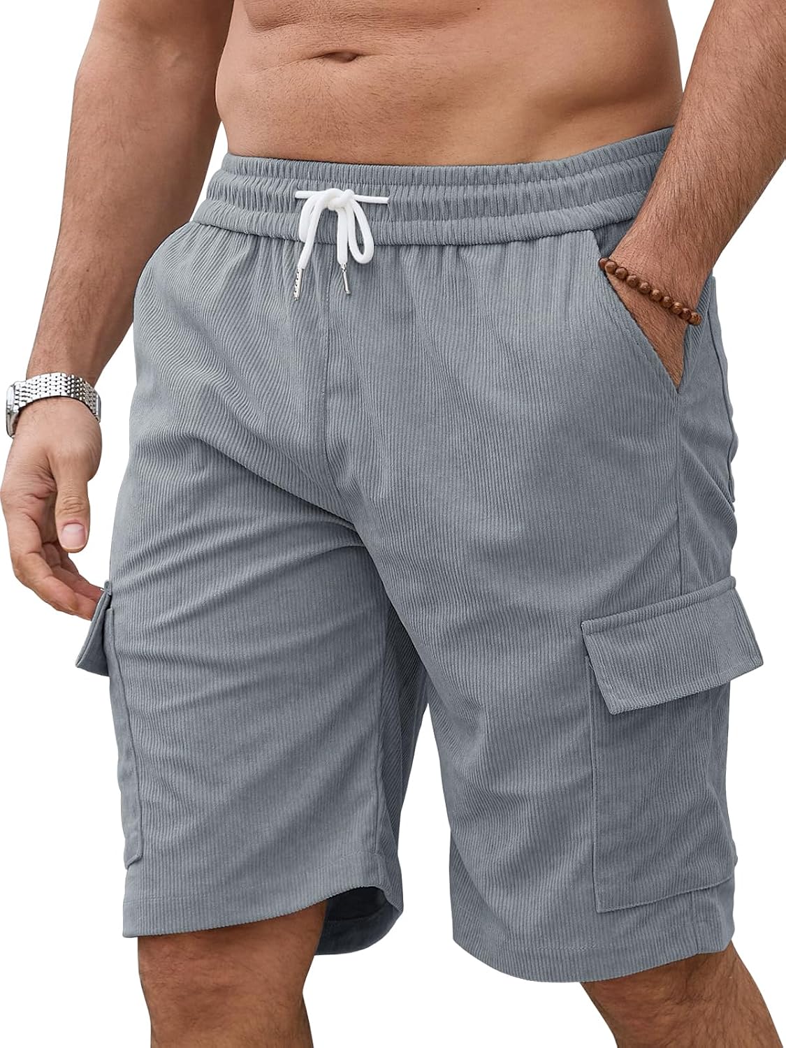 Men's Corduroy Shorts with Cargo Pockets – Men's Bermuda Shorts Summer Elastic Waist, Casual Shorts for Leisure, Hiking and Weekend