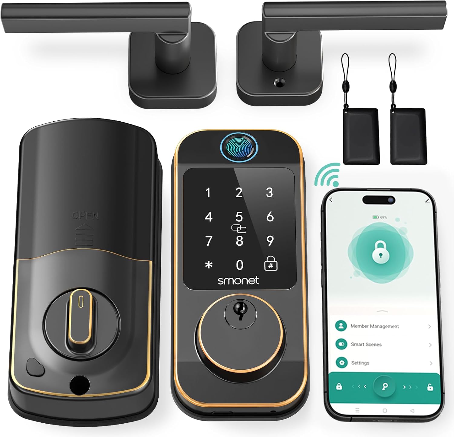 WiFi Door Lock Handle Set: SMONET Fingerprint Smart Locks for Front Door, Deadbolt Keypad Bluetooth Digital Lock Set with Alexa, App Remote Control, Auto Lock for Home, ORB