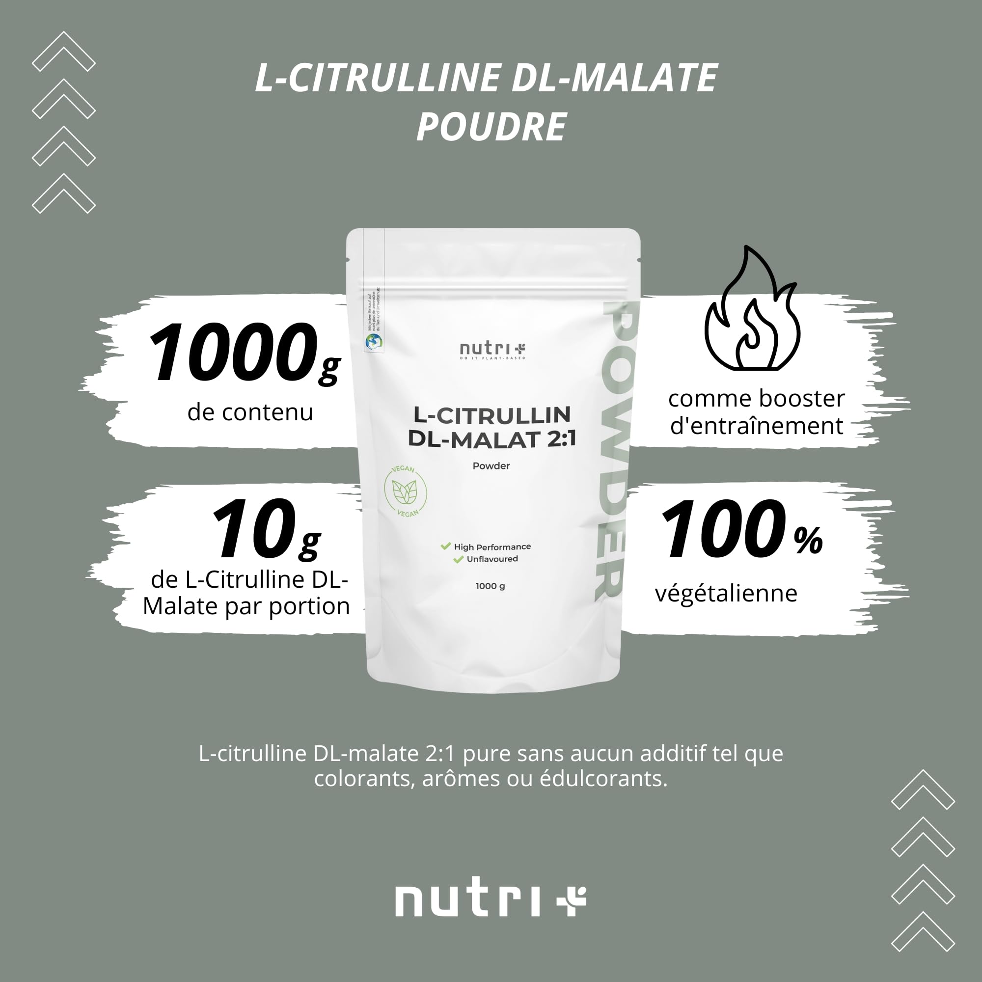 nutri+ L-Citrulline malate en poudre 1 kg - hautement dosé + végétalien + pur - booster de musculation + fitness - L-Citrulline malate DL 2:1 Powder - qualité premium issue de la fermentation végétale