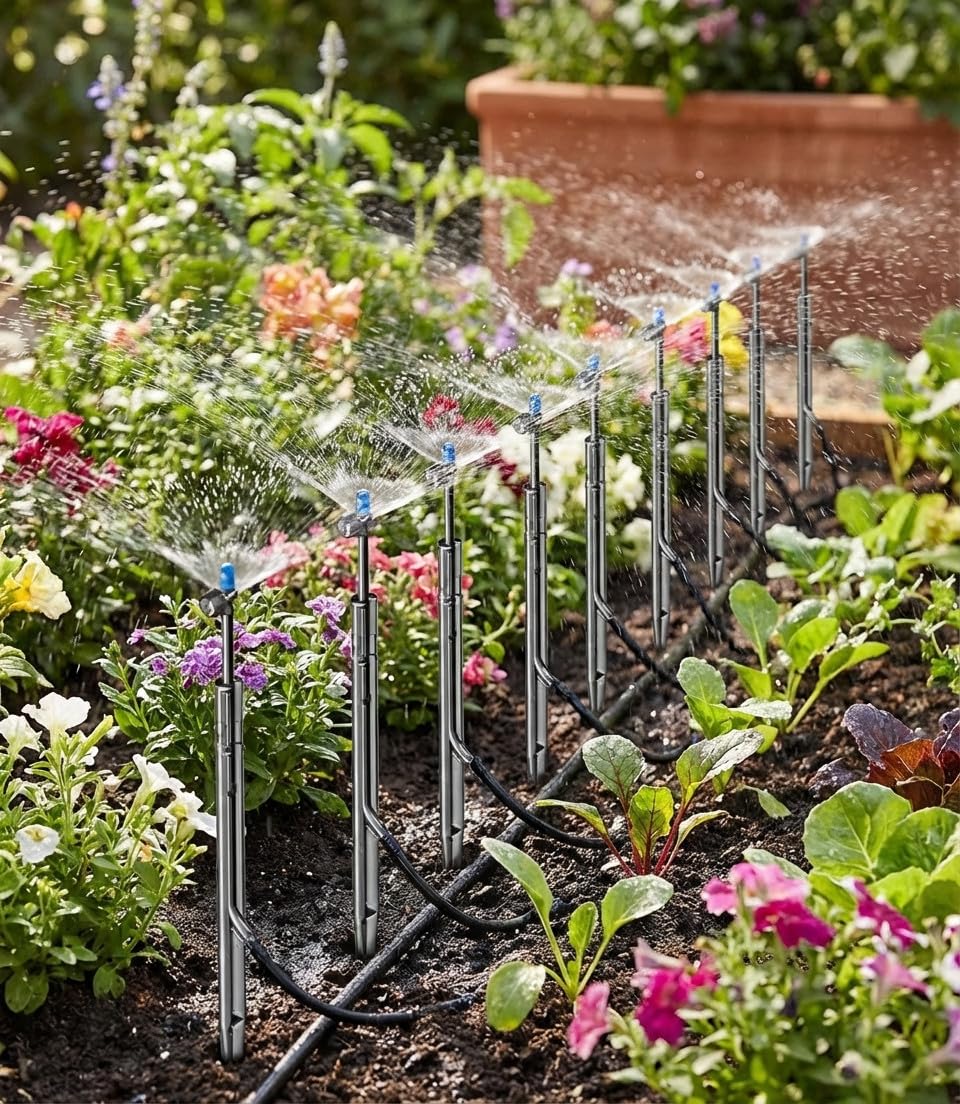 Suinga Microaspersor de Riego 180º Ajustable con Estaca y Microtubo 31 cm | Pack 10 Aspersores de Riego para Jardin | Aspersor de Riego para Plantas y Arriates