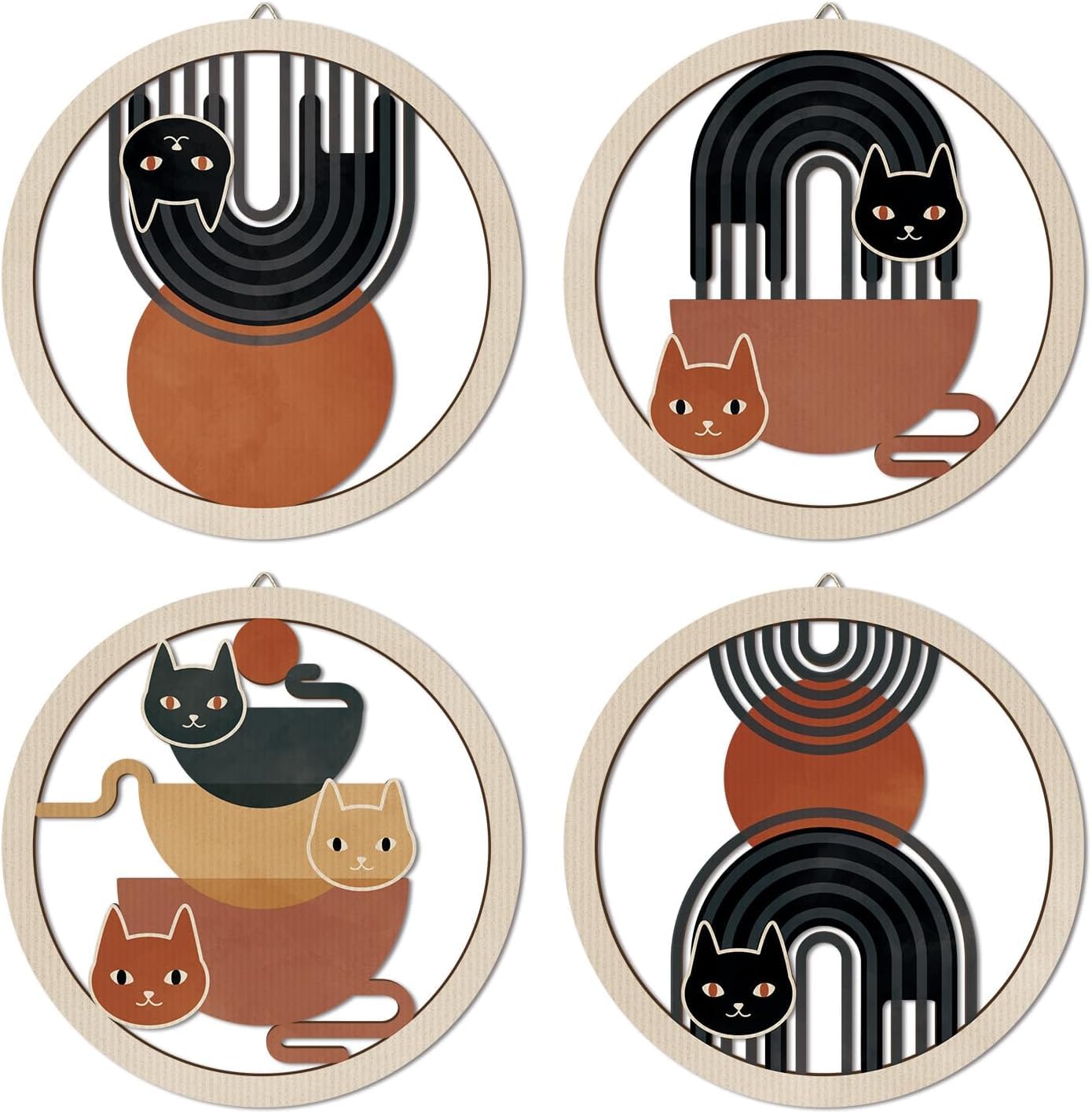 TOARTi 4PCS XL Black Cat Wall Art Decor Bohemian Abstract Hanging Sign Minimalist Hanging Art Wall Decor for Farmhouse Bedroom Living Room Office,11x11inch