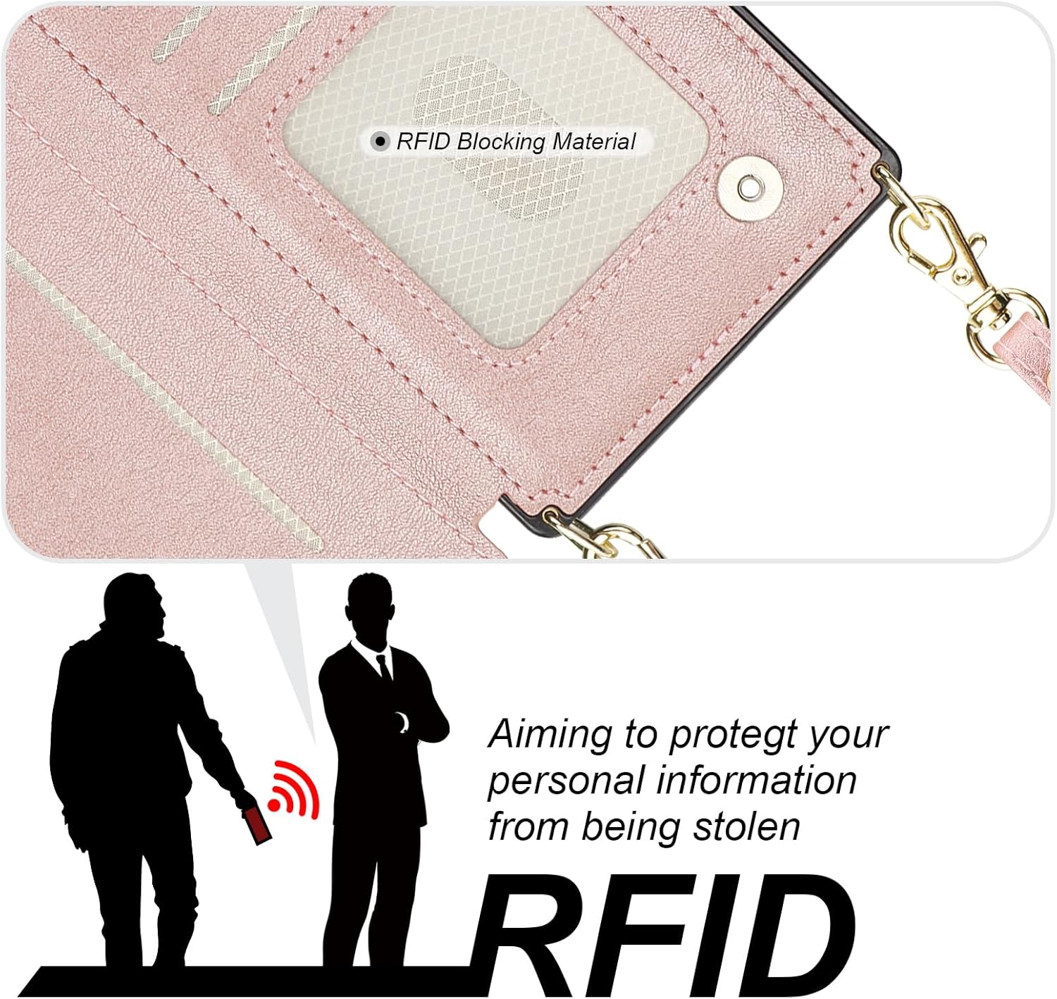 Bocasal Crossbody Wallet Case for iPhone 15 Plus with RFID Blocking Card Slot Holder, Magnetic Flip Folio Purse Case, PU Leather Zipper Handbag with Detachable Lanyard Strap 6.7 Inch 5G (Rose Gold)