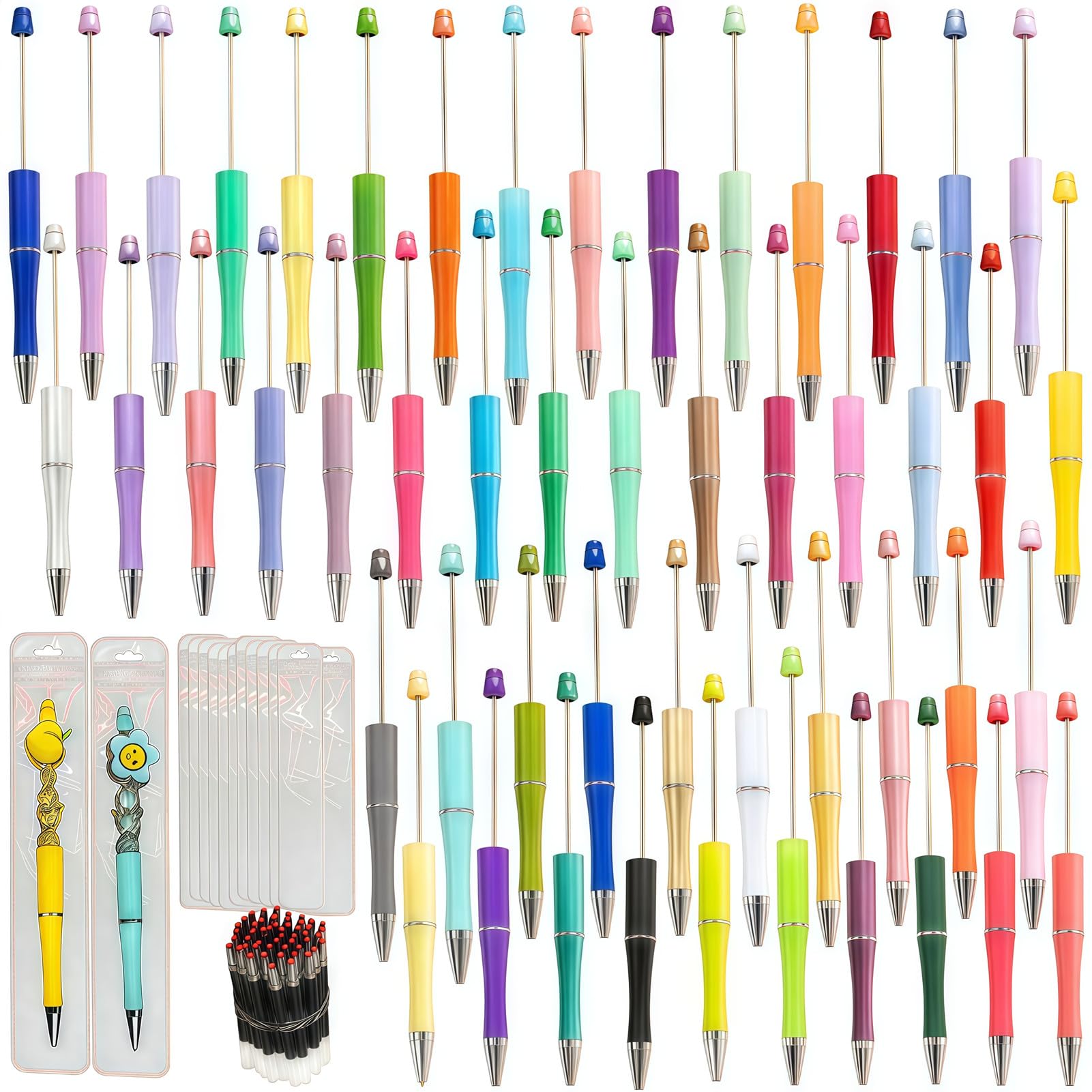 JHESAO 150PCS DIY Beadable Pens Kit, 50 Plastic Ballpoint Pens Bulk with Refills & Pouch, School Office Supplies and Decorative for Students &