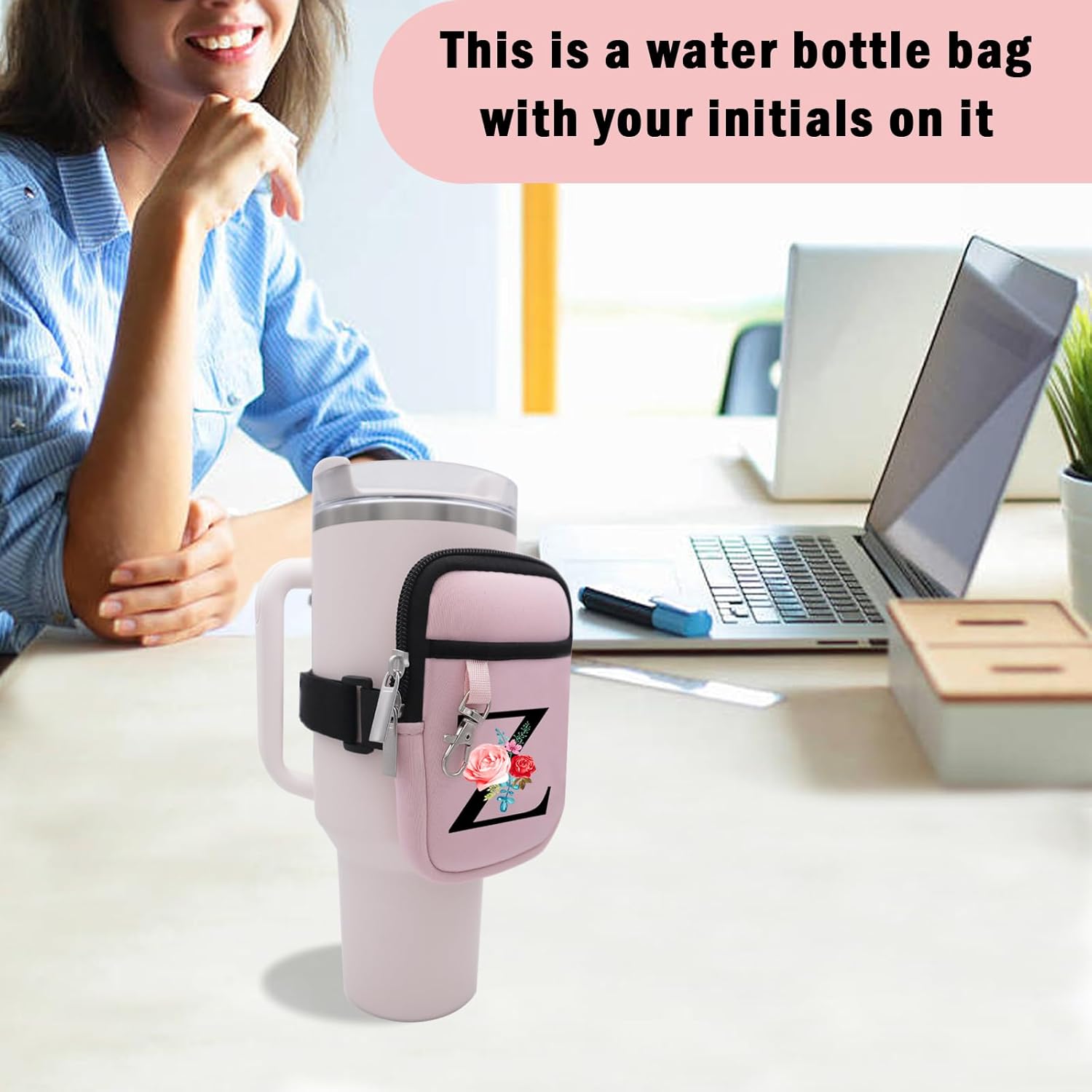 Initial A-Z Water Bottle Pouch for Stanley Cup Gym Tumbler Accessories, Compatible with Stanley Quencher Adventure IceFlow Yeti 40oz 30oz 20oz, Personalized Name ID Pocket for Cash, Phone, Key