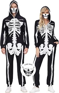 Halloween Skeleton Onesie Costume for Family Zipper Hooded Jumpsuit - Front and Back Skeleton Bone Print with 3D Skull Face Mask