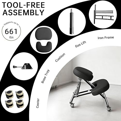 Miniatura 7 de Silla ergonómica de piel sintética, taburete ajustable para el hogar y la oficina con almohadillas gruesas y ruedas de freno flexibles con bloqueo