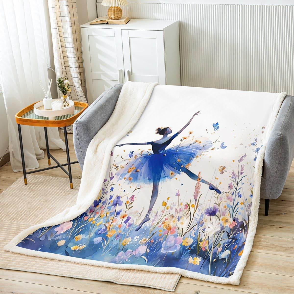 Castle Fairy Ballet Dancing Girls Flannel Fleece Blanket,Watercolor Flower Super Soft Blanket for Bed Sofa Couch,Romantic Artistic Gymnastics Bed Blanket for Bedroom Decor,Twin 60"x80"
