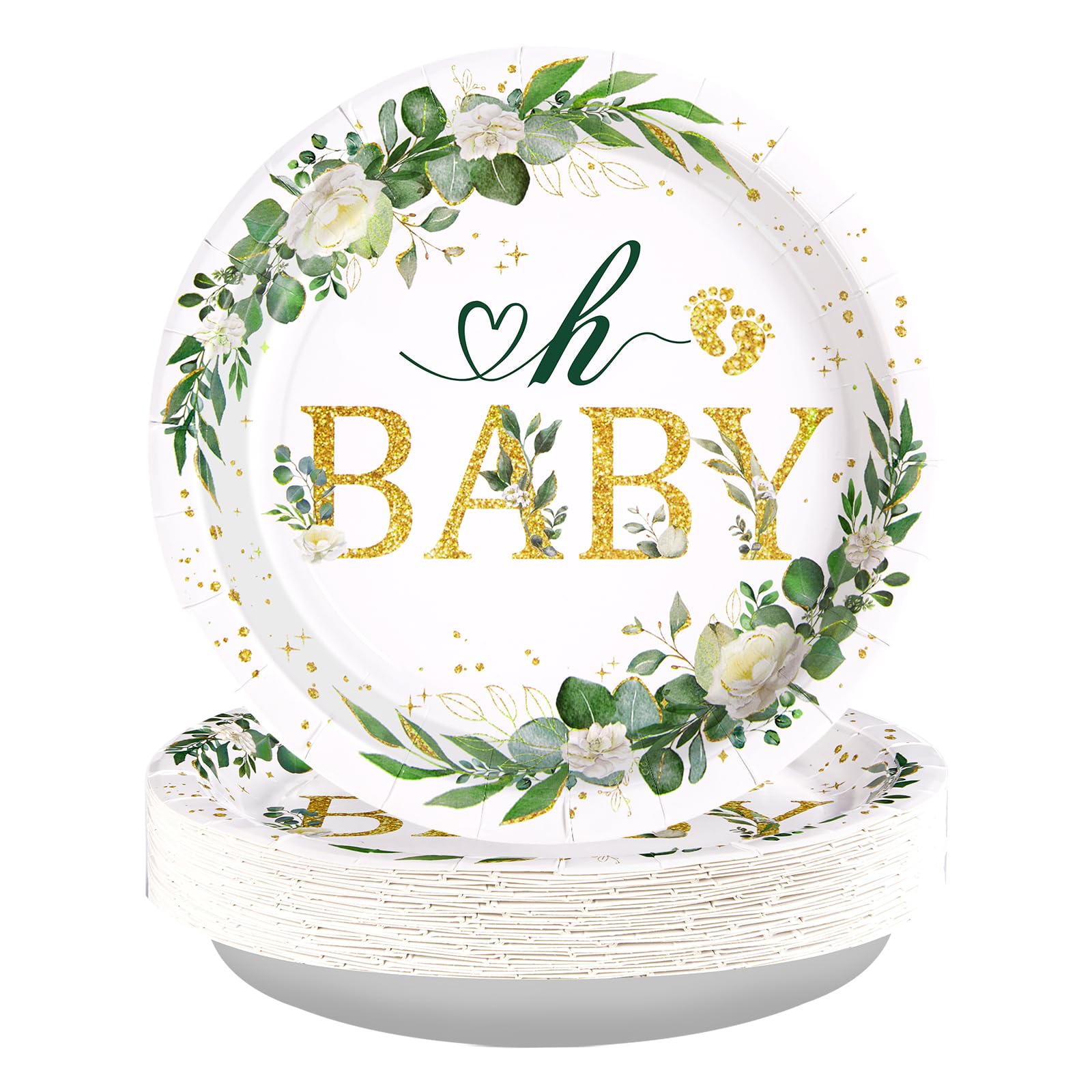 Photo 1 of 50Pcs Sage Green Baby Shower Paper Plates 10 Inch Large Heavy Duty