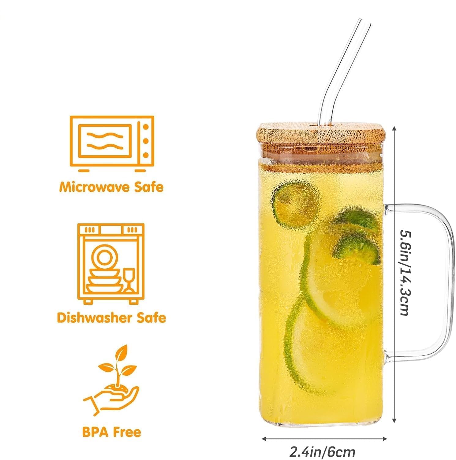 YKXIMS Glass Mason Jar with Bamboo Lid and Straw, 550ml Capacity, Clear Sipper for Cold Drinks, Smoothies, Cocktails, Coffee, Tea, Set of 1 (Wooden LID Square Handle) 3