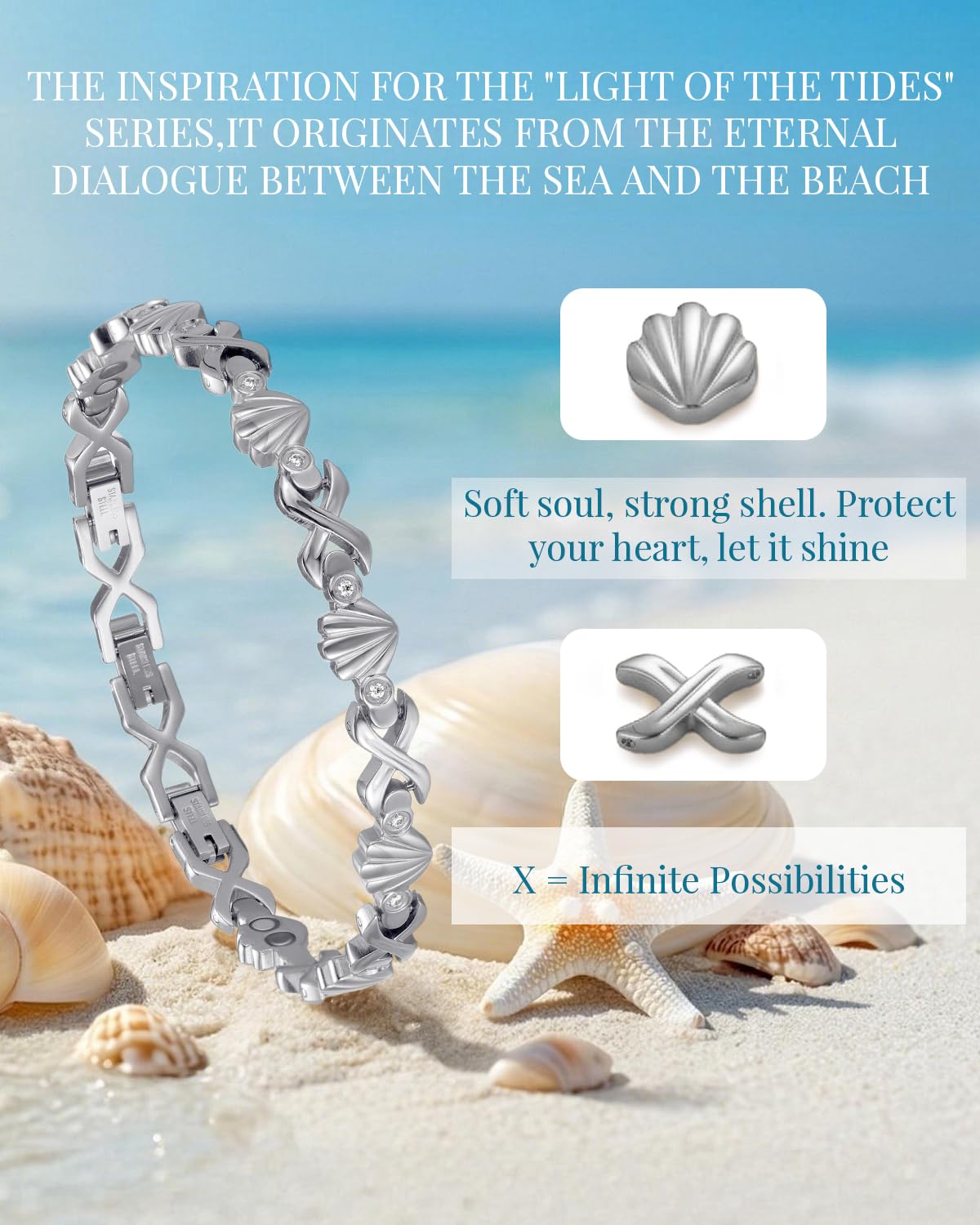 RainSo Bracelet magnétique pour femme - Bracelet en acier inoxydable 3800 Gauss avec coquillage et incrustation de diamant, comprend 3 boutons intelligents, taille réglable (argent)
