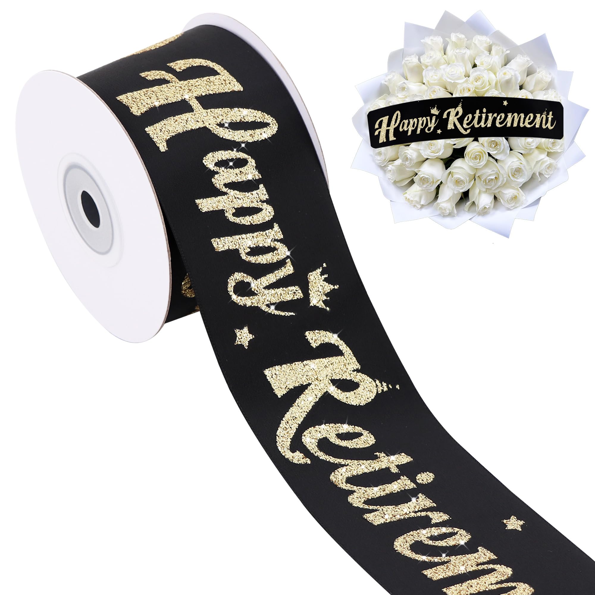 TONIFUL Glitter Black Happy Retirement Ribbon 2 Inch 10 Yards Wide Satin Retire Ribbon for Florwer Bouquet, Cake Decor,Gift Wrapping,Retirement Party Decor for Men and Women