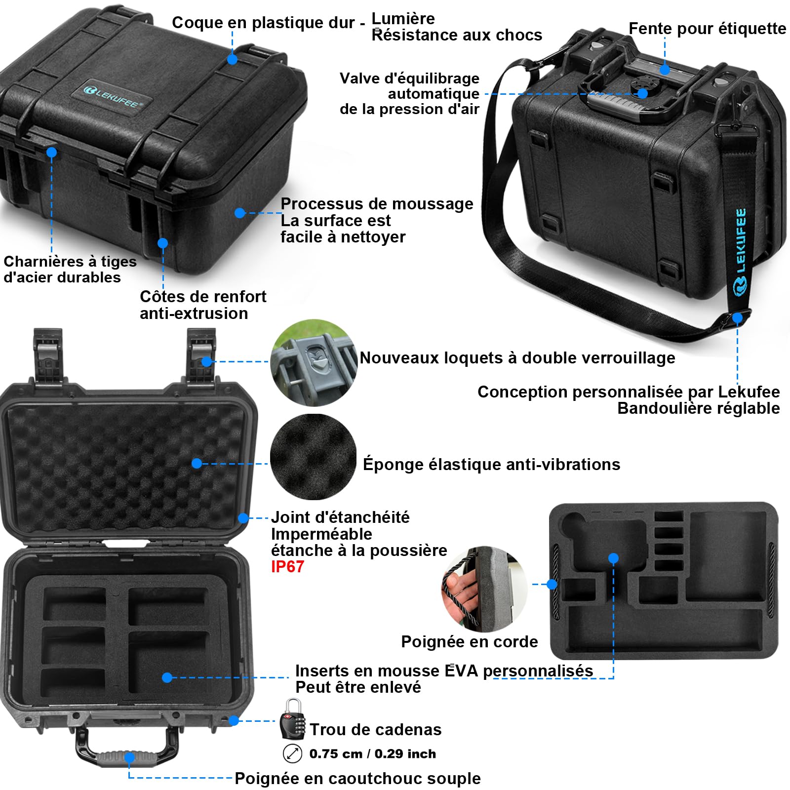 Boîte étanche Lekufee Pour GoPro Hero 13 à 8 Et Accessoires - Coque Rigide - Mousse Eva Personnalisée - Noir