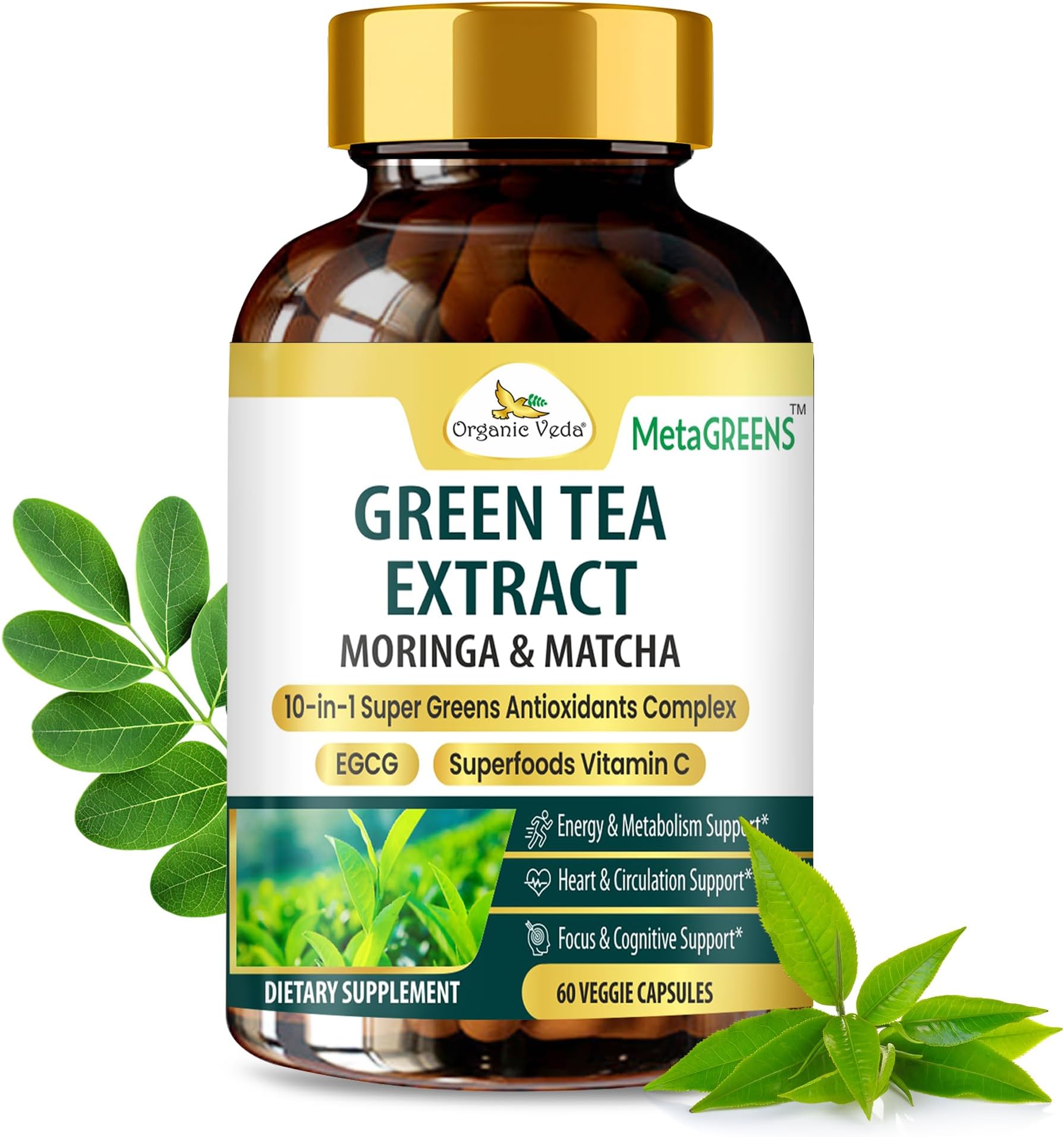 Organic Veda Green Tea Extract Matcha Moringa EGCG Capsules - MetaGreens 10-in-1 Antioxidants, Energy & Metabolism Supplement - Vitamin C, Polyphenol, Green Coffee Bean Extract, Turmeric - 60 Capsule