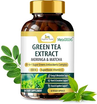 Organic Veda Green Tea Extract Matcha Moringa EGCG Capsules - MetaGreens 10-in-1 Antioxidants, Energy & Metabolism Supplement - Vitamin C, Polyphenol, Green Coffee Bean Extract, Turmeric - 60 Capsule