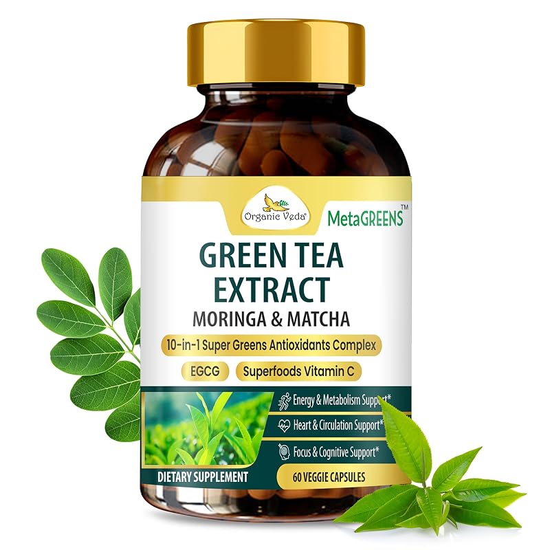 Organic Veda Suplemento de Chá Verde com Matcha e Moringa, 500 mg, 60 cápsulas