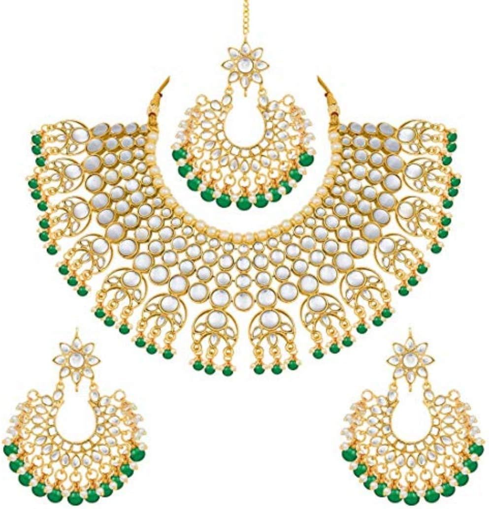 I Jewels Stylish Indian Bollywood Wedding Party Wear Faux Kundan Pear Beaded Ethnic Necklace with Earrings & Maang Tikka Jewelry Set For Women (K7077)