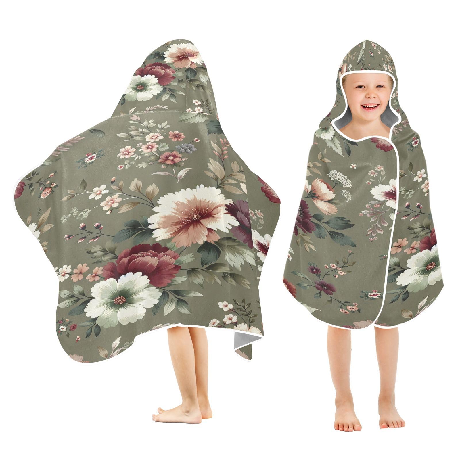 Kigai Peony Flower Hooded Beach Towel for Kids Soft Absorbent Quick Dry Bath Towel with Hood Lightweight Toddler Shower Pool Bath Wrap for Boys Girls