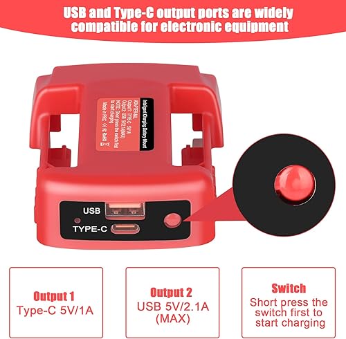 Miniatura 3 de KUNLUN Paquete de 2 adaptadores de cargador USB compatibles con batería Milwaukee M18 de 18 V, puerto de salida dual con interfaz de carga USB y