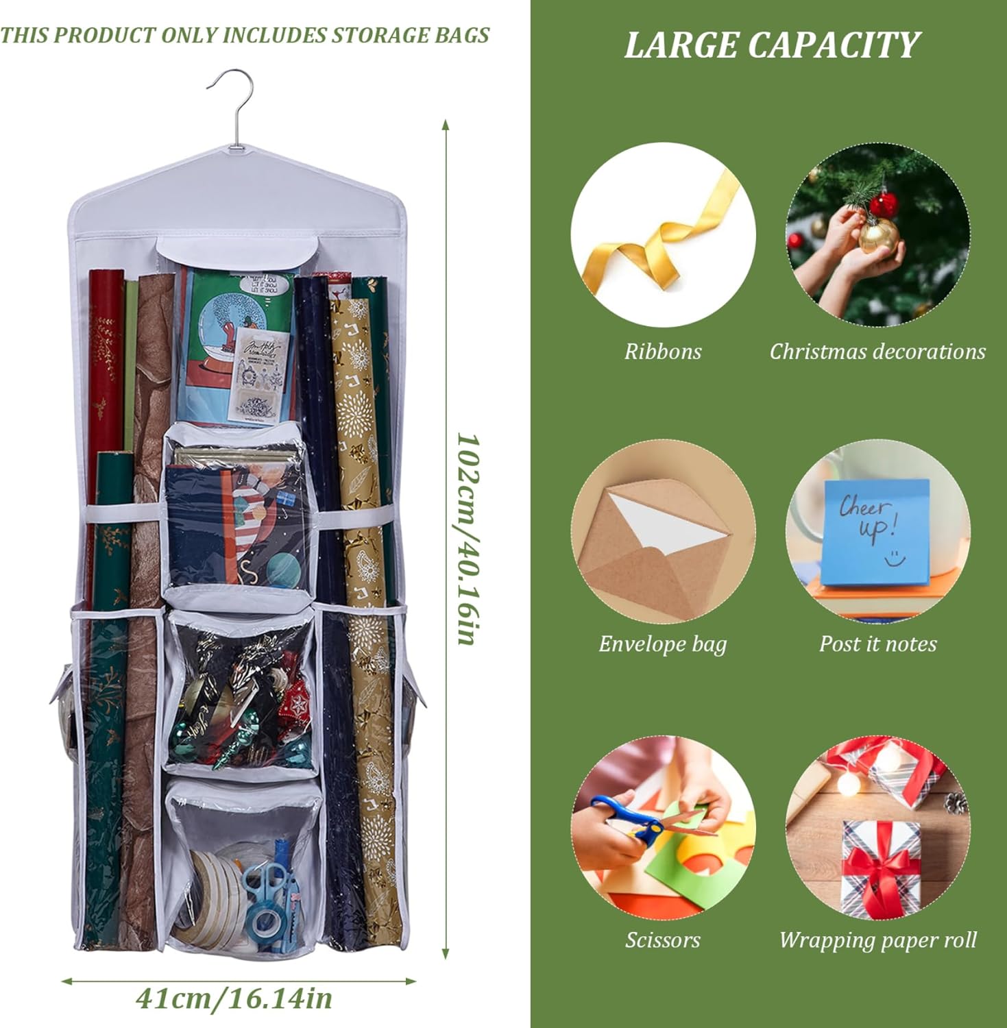 Wrapping Paper Storage Double-Sided Christmas Kids Gift Wrapping Paper Organizer with Clear Pockets 40x16 Inch Hanging Gift Craft Wraping Roll Containers Xmas Decor