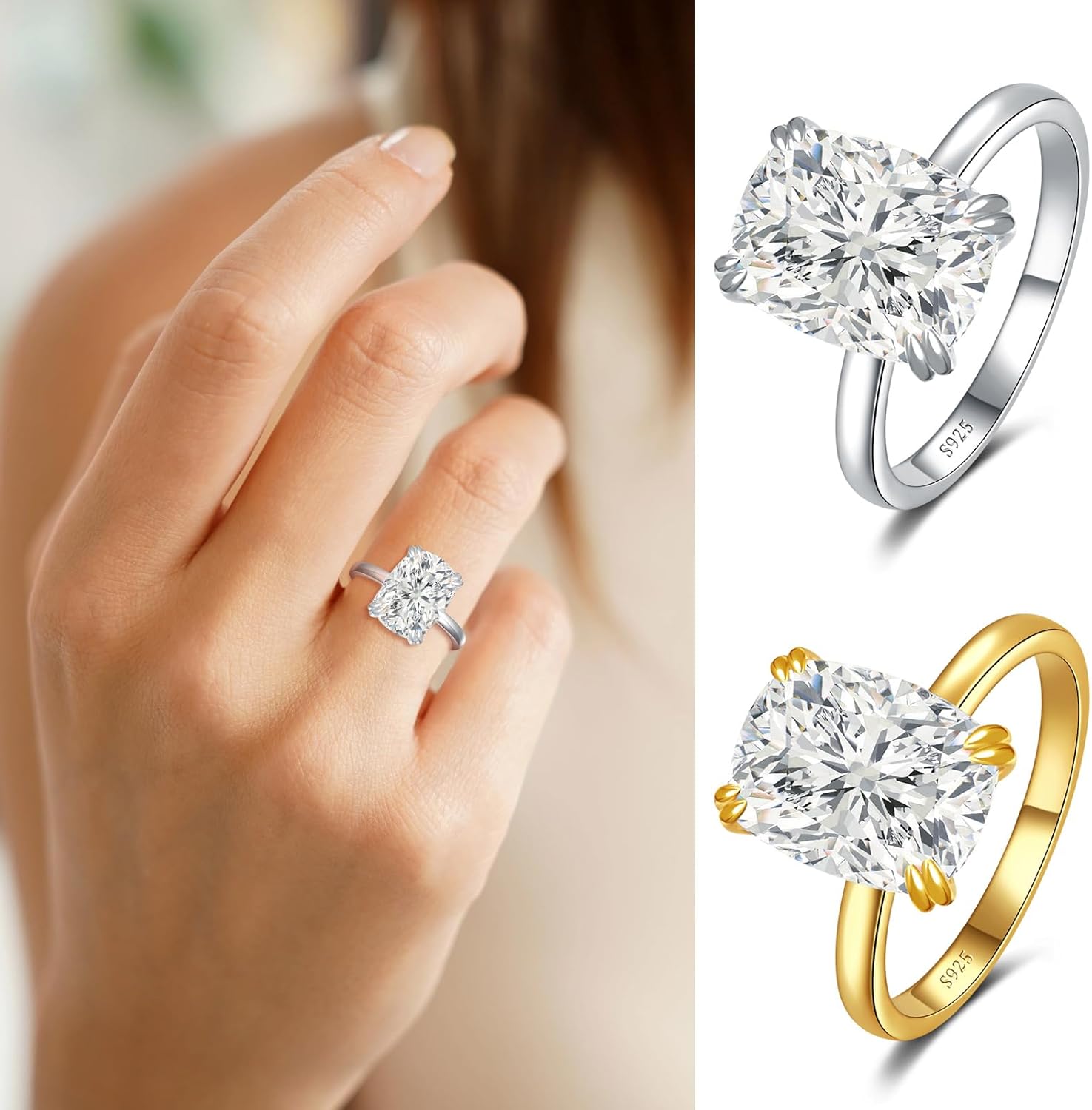 5CT Elongated Cushion Cut Engagement Ring for Women, S925 Sterling Silver Wedding Promise Cubic Zirconia Band, 14K Gold/White Gold Plated Anniversary Birthday Gifts for Her, Size 5-10 - Image 3