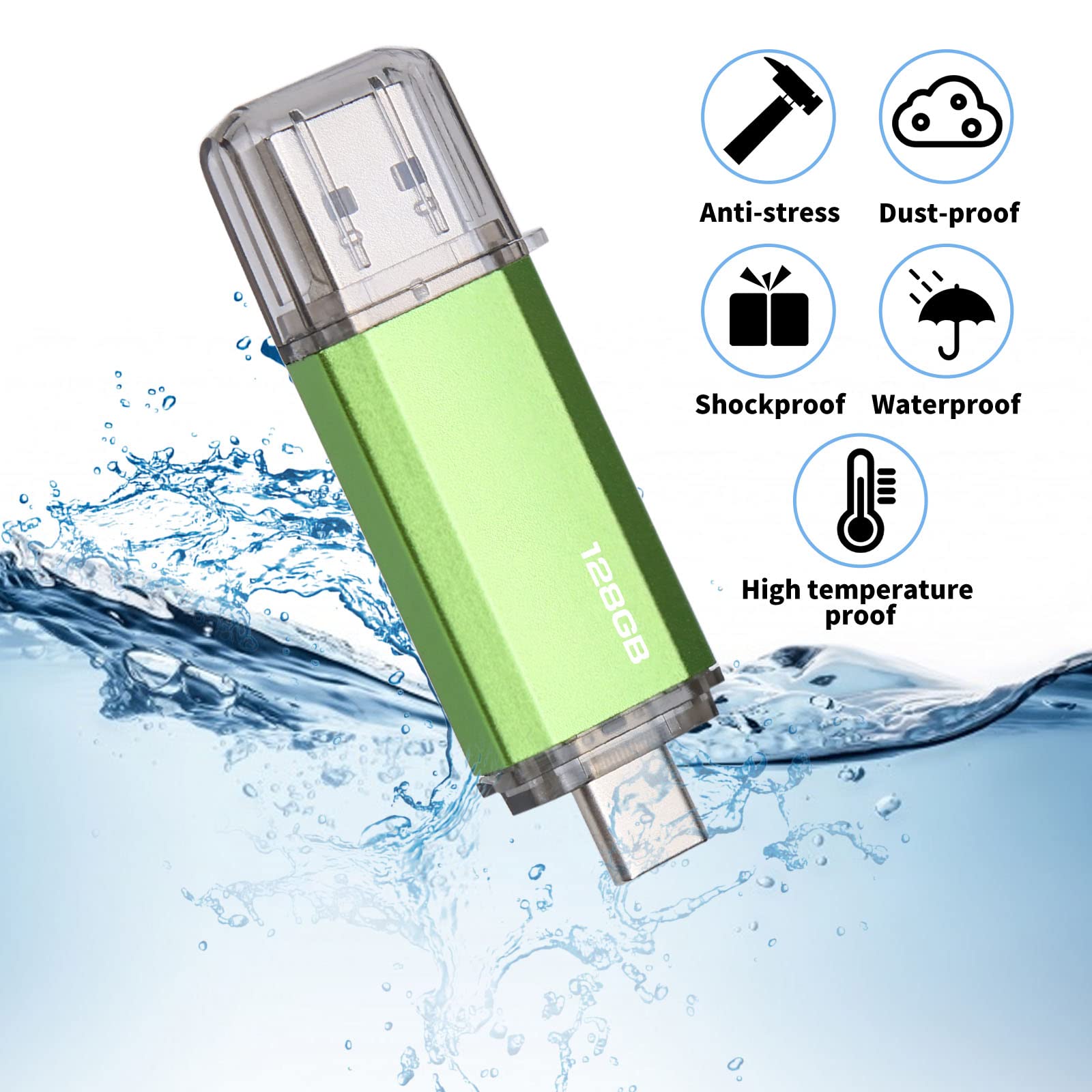 Chiavetta USB Tipo C 128GB, 2 en 1 Pendrive USB 2.0 128 GB Mini USB C Flash Drive Penna USB 128 GB per PC/Tablet/Laptop/Smartphone con Tipo C (Verde)