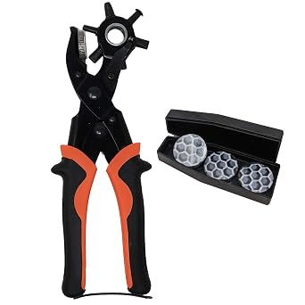 TOFL Rotary Leather Hole Punch - Heavy Duty Hole Puncher for Belts, Straps, Dog Collars, Shoes, Crafting - Non-Slip Rubber Handles, Safety Lock - Punching Tool with 6-Hole Head, 3 Spare Punch Plates