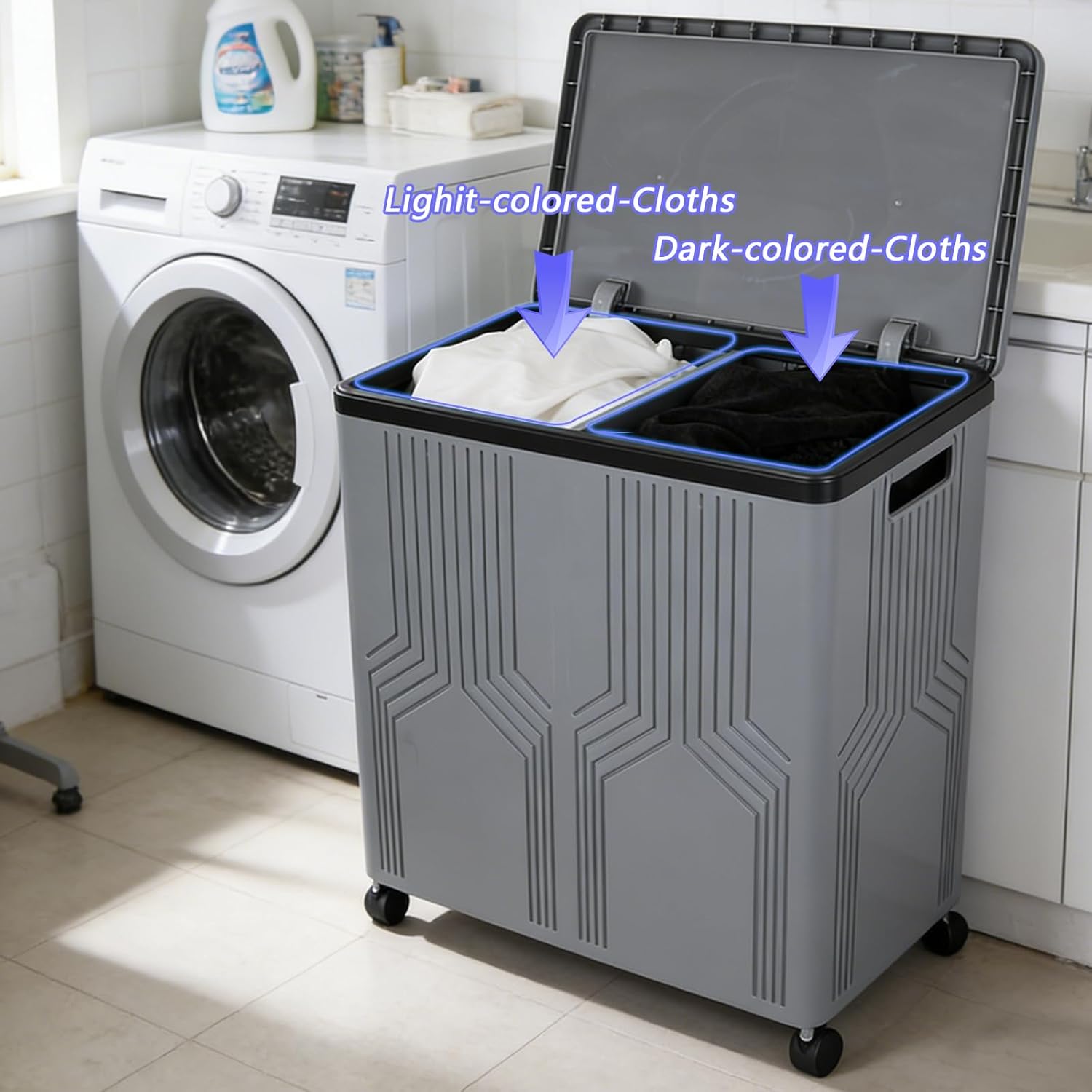 130 L Plastic Double Laundry Hamper with Lid and 2 Removable Bags, Large Collapsible Laundry Basket with Wheels, Gray