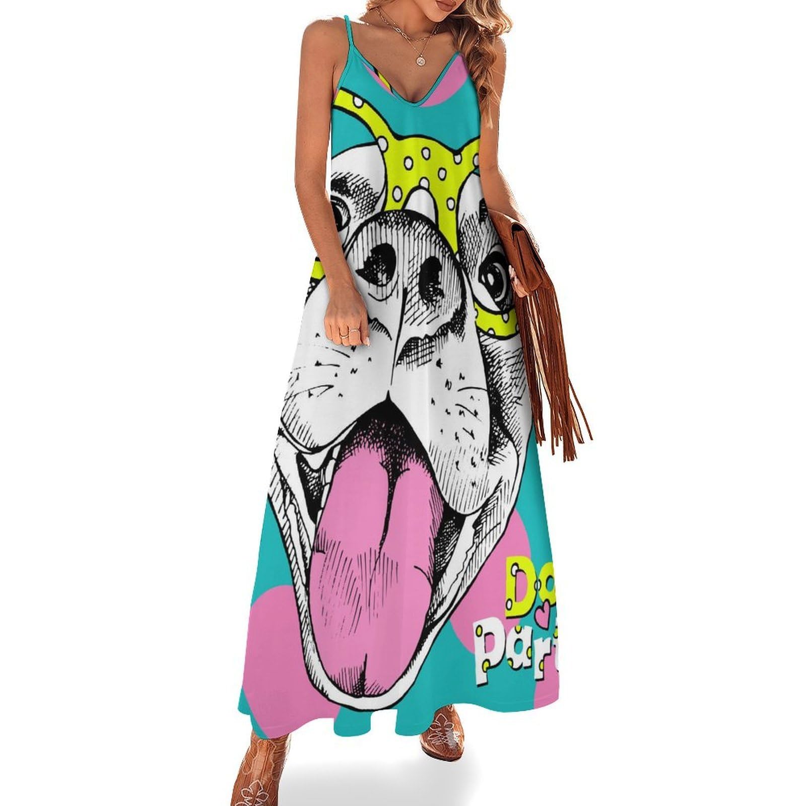 Robe maxi sans manches imprimé bouledogue originale et légère - 7