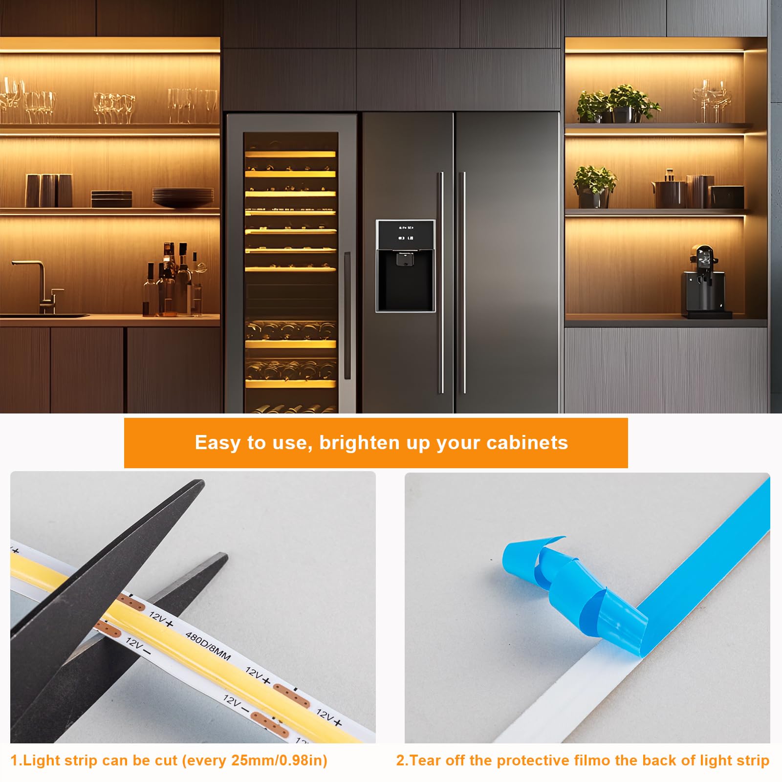 Set 6 in 1 strisce LED COB 12V, 6 pezzi da 1m luce bianca calda regolabile, comando touch e sensore gestuale nascosto, illuminazione per armadio, cucina, vetrina, scaffale e cantina vino