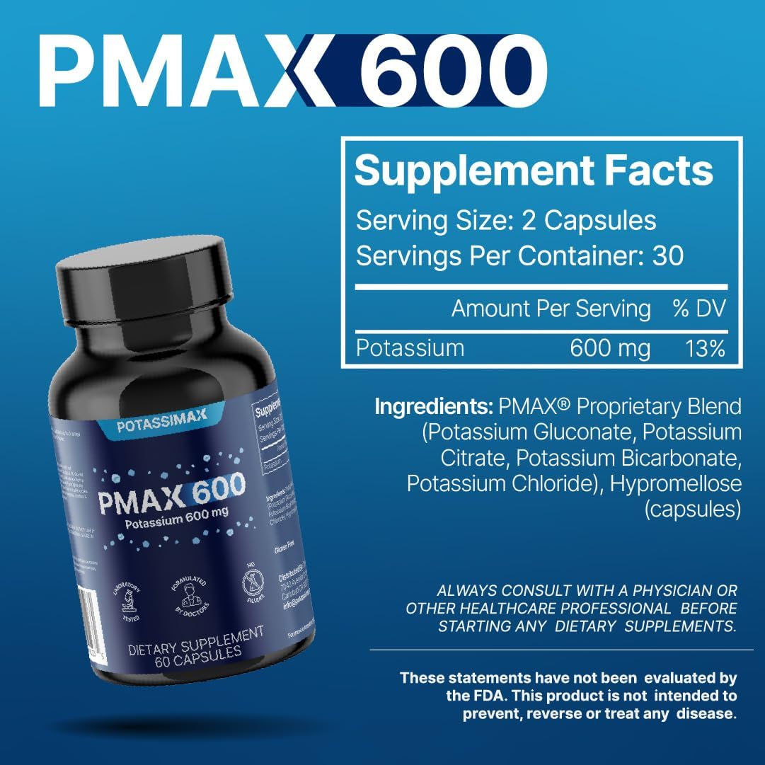 PMAX600 High Dose Pure Potassium Electrolyte Supplement 600mg Capsules 4-Type Potassium Blend-Citrate, Gluconate, Bicarbonate,Chloride. Supports Healthy Blood Pressure, Heart, Kidneys, Bones, Muscles