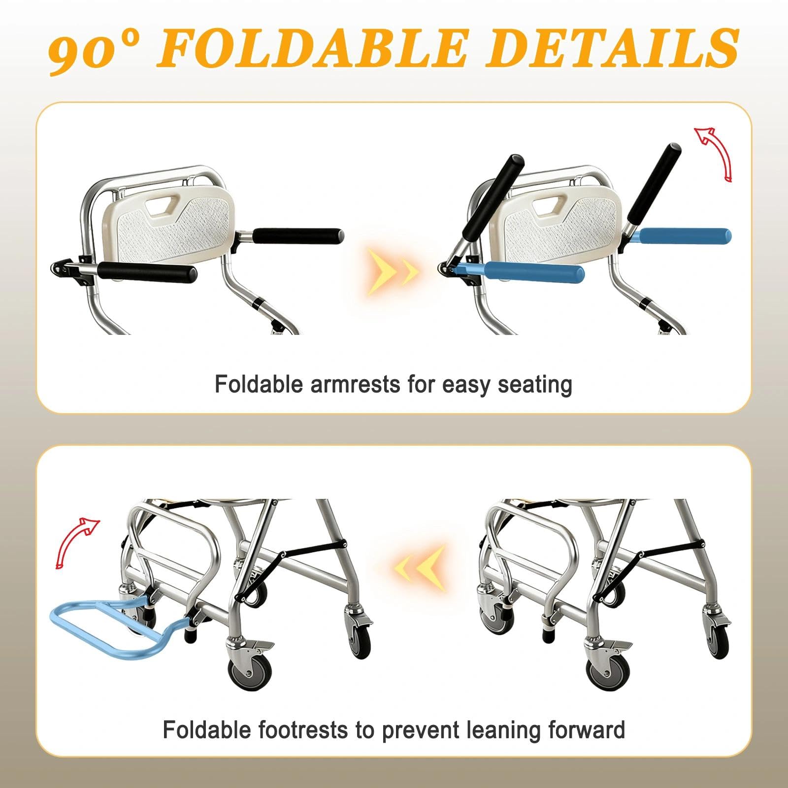 Silla de Ducha con Ruedas y Respaldo Desmontable, Carga 120kg
