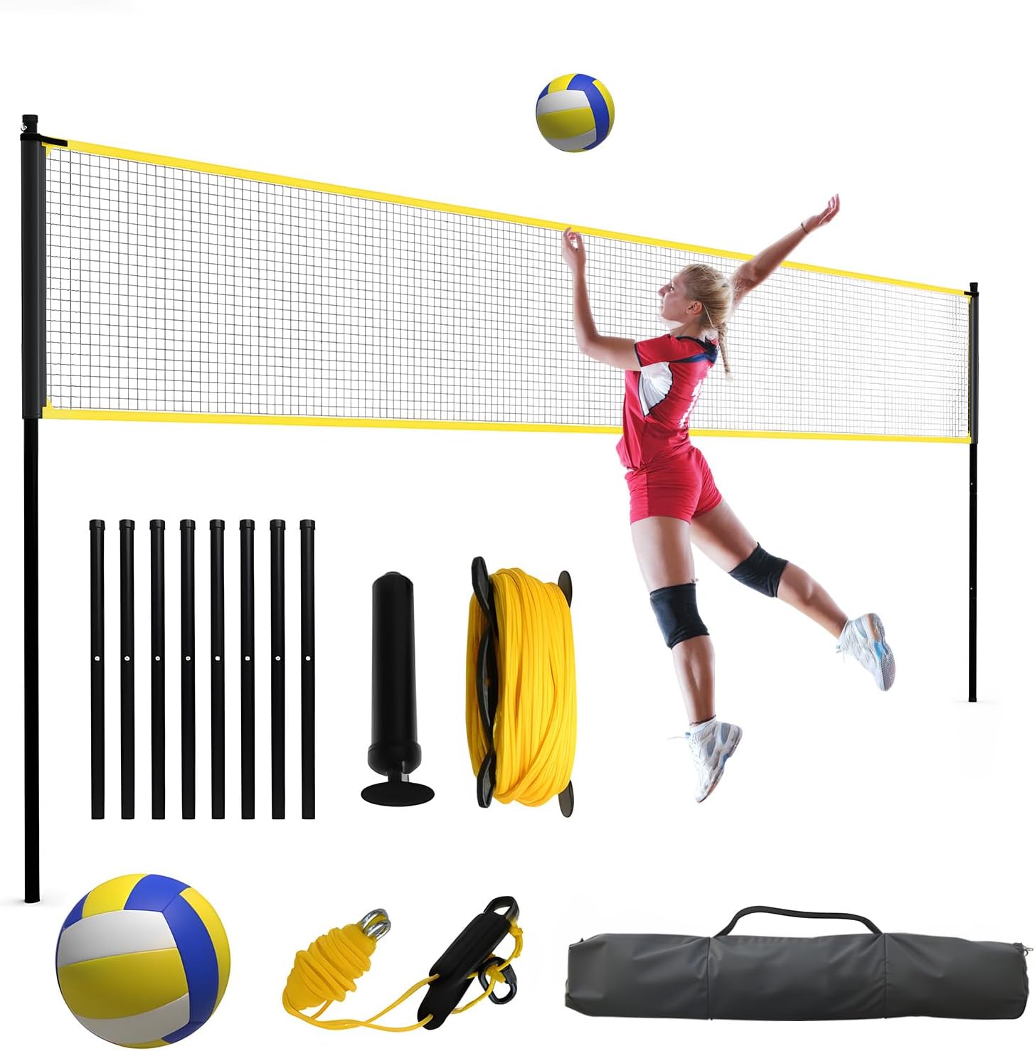 Portable 32 Ft Volleyball Net for Backyard & Outdoor – Adjustable Height Training Set with Bag, Ball, Pump & Ropes – Sturdy Freestanding Net for Kids, Teens, & Adults