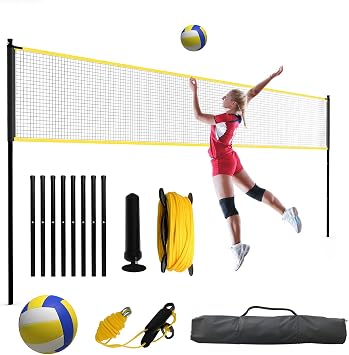 PeakPursuit 32ft Beach Volleyball Net Set Height Adjustable, Portable with Ball, Pump & Carry Bag Complete Outdoor Training & Game Equipment
