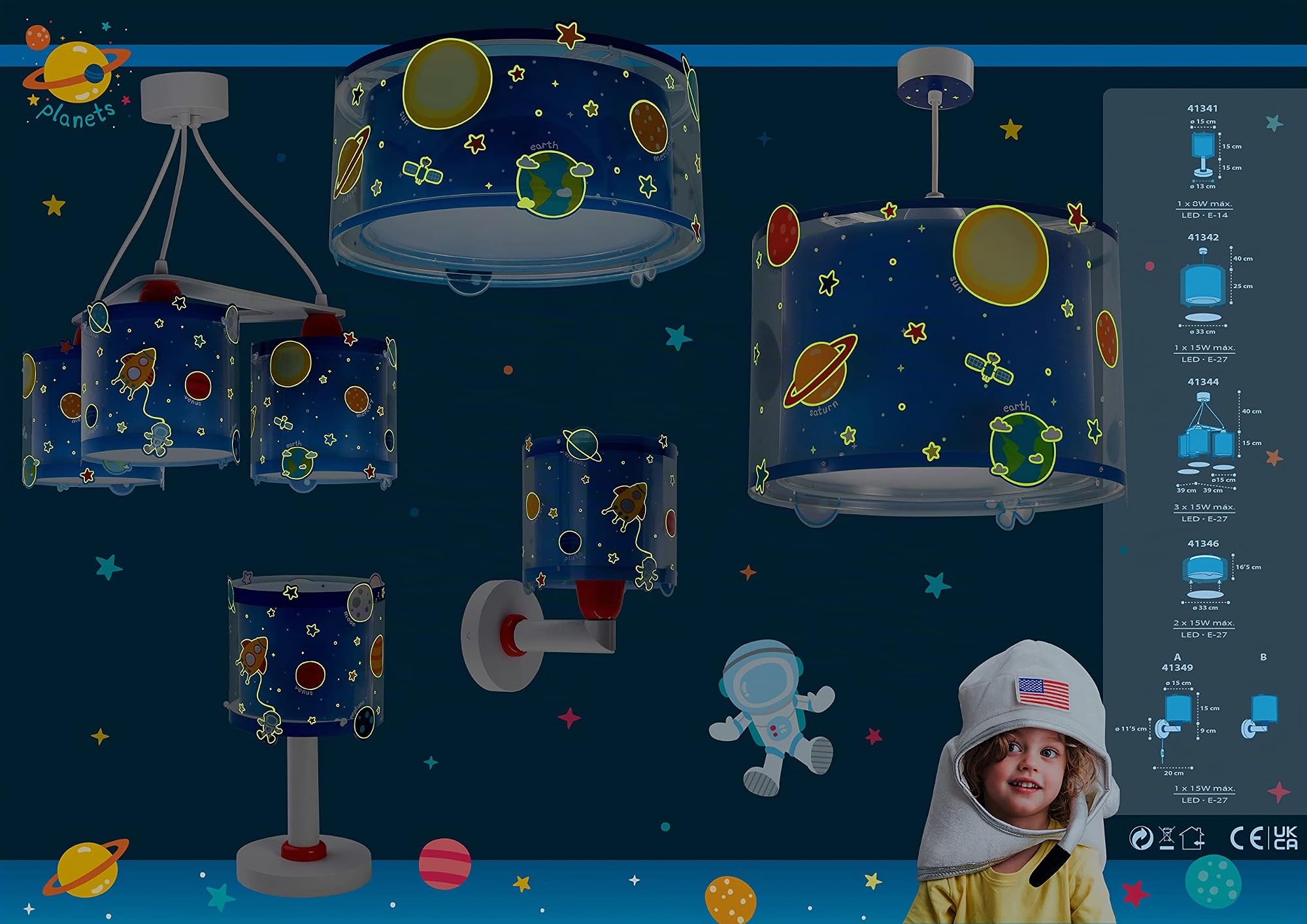 Dalber Planets Lámpara Infantil de Techo Plantes Planetas, Azul, 33 x 33 x 25 cm