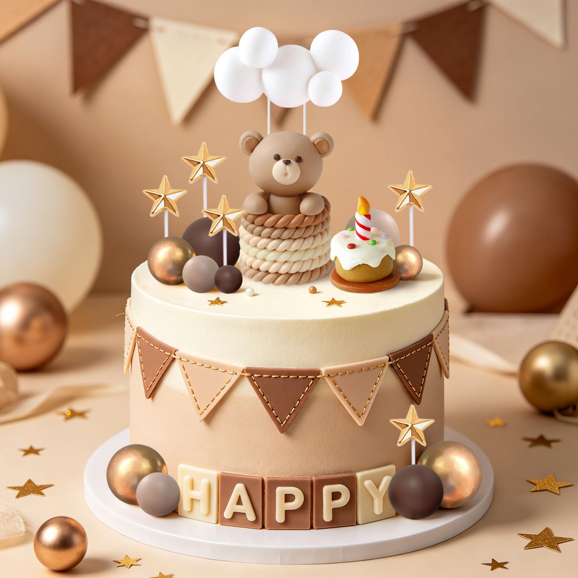 Brown Bear Cake Decoration Beige Brown Balls Cake Topper Boho Cake Decoration Baby Shower Birthday Party Supplies