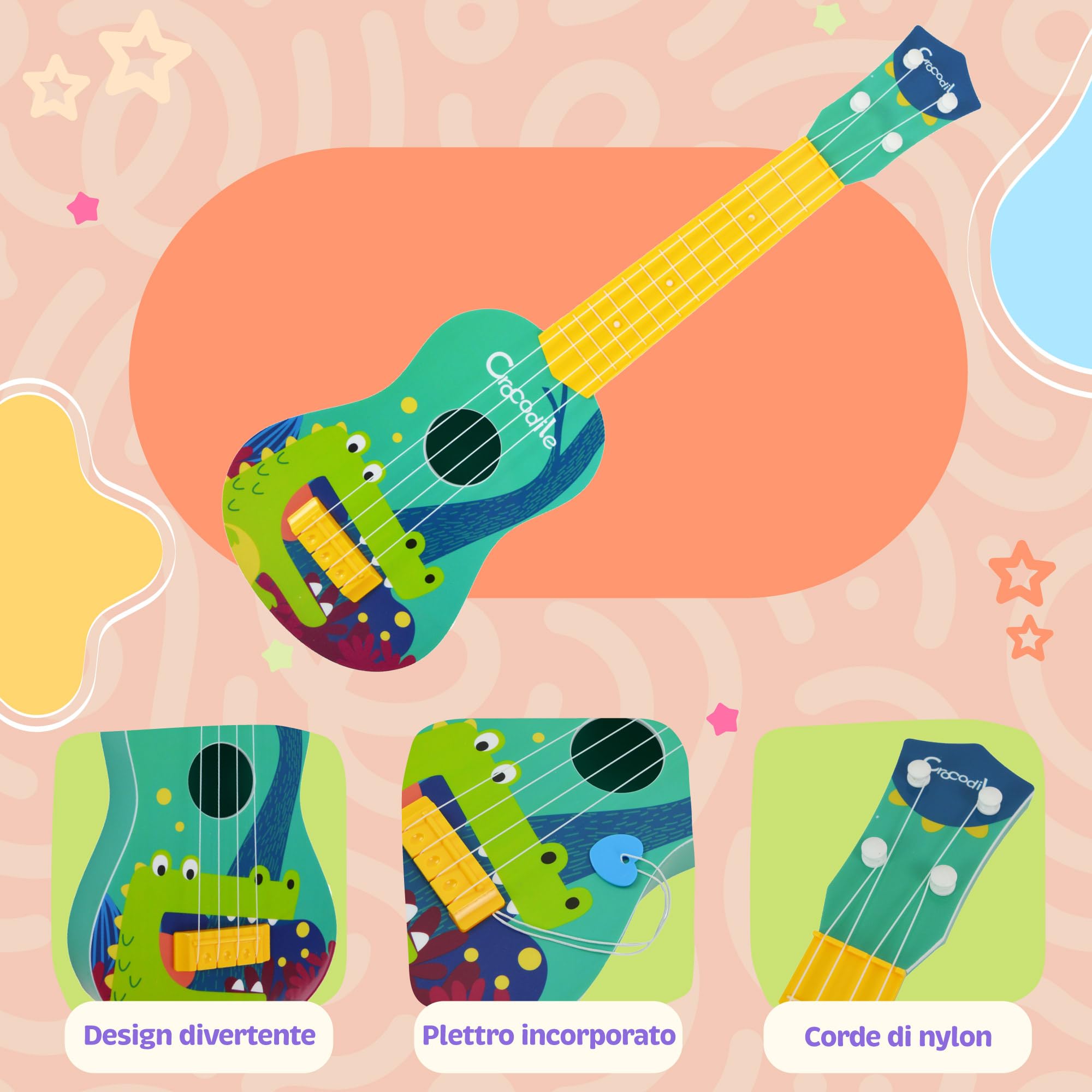 A-Star Little Star Crocodile Ukulele Giocattolo Musicale Divertente per Bambini - Corde in Nylon
