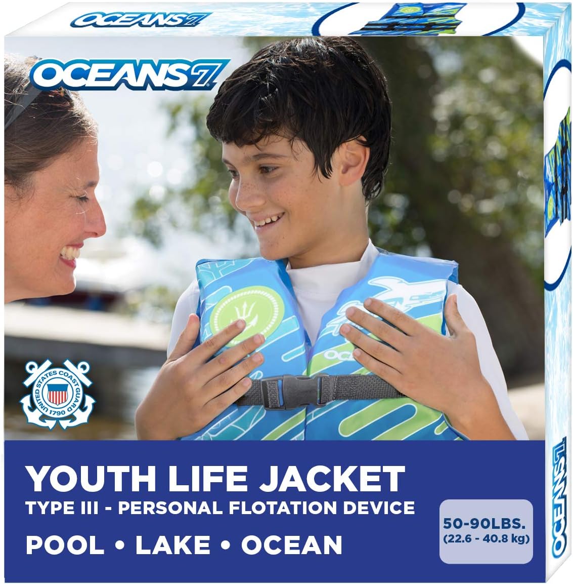 Oceans7 US Coast Guard-Approved, Type III – Youth Life Jacket – Personal Flotation Device with with Comfortable Flex-Form-Fit Open-Sided Design – Blue/White Oceans7 US Coast Guard-Approved, Type III – Youth Life Jacket – Personal Flotation Device with with Comfortable Flex-Form-Fit Open-Sided Design – Blue/White