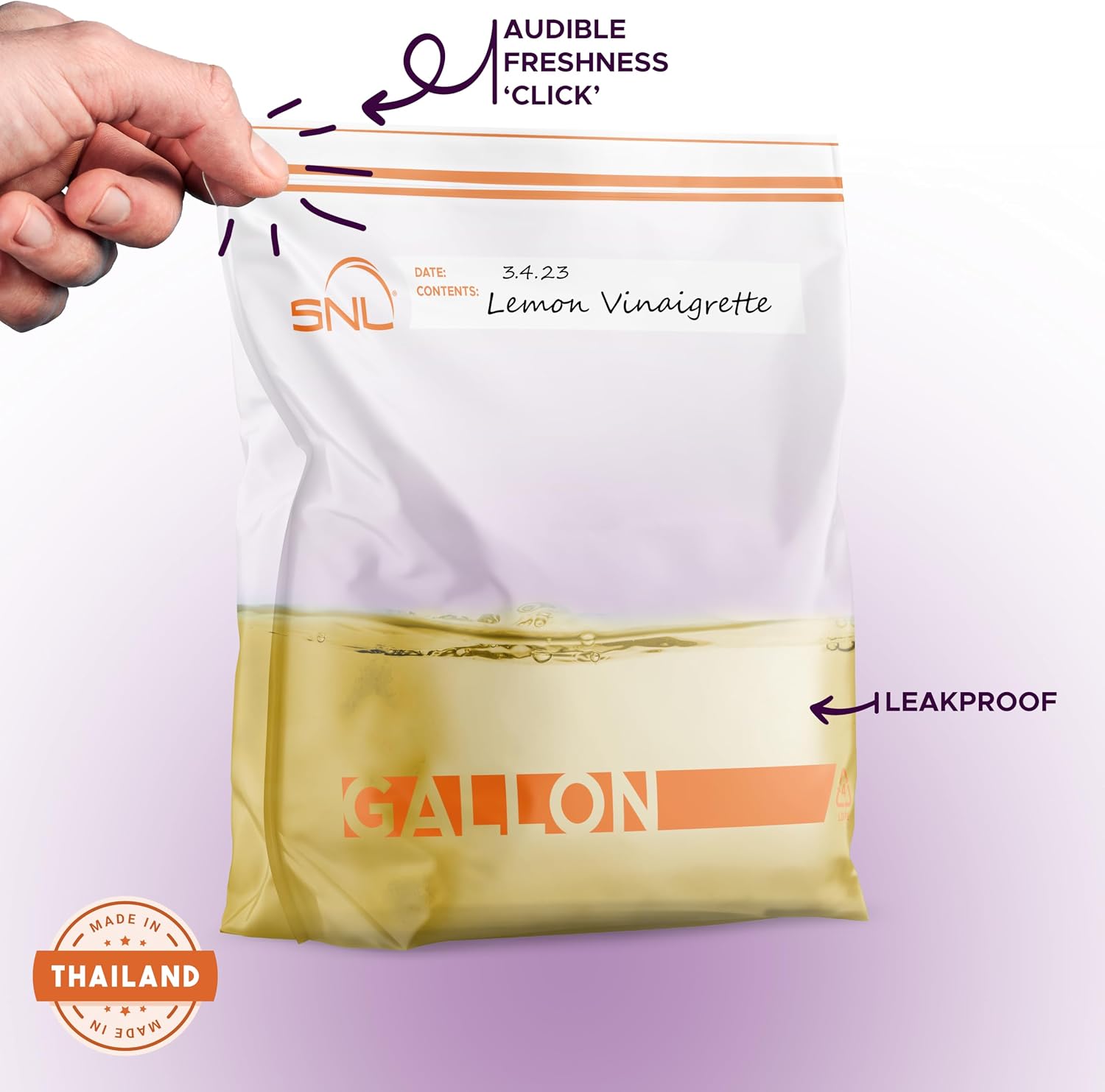 Gallon Food Bags by SNL -200 Bags- Leak-Proof, Clear, Write-On Block, Reclosable, Disposable Storage Bags, Double Seal Zippers with Clicking Noise Zip Confirmation, Stand-Alone Gusset, Easy Dispensing