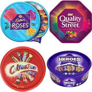 Christmas Luxury Chocolates Variety Tubs Quality Street Tin, Heroes Tub, Roses Celebrations Chocolate Tub Ideal Gifts For Lovers - Pack Of 4