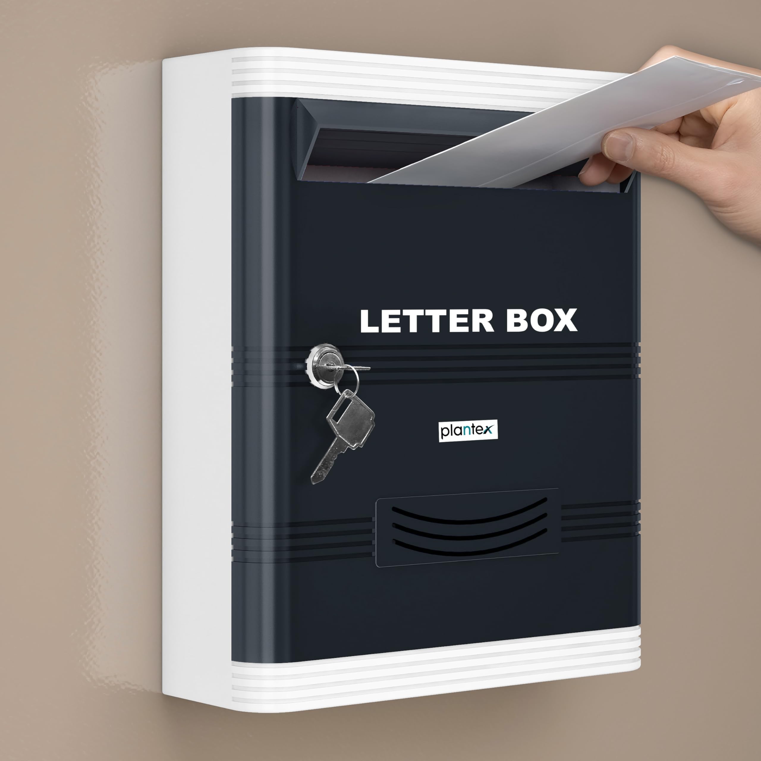 Plantex Suggestion Box/Durable Plastic Letter Box/Mail Box for Home gate with Key Lock/Complaint Box for Hotel/School/Office - (Grey & White), Wall Mounted