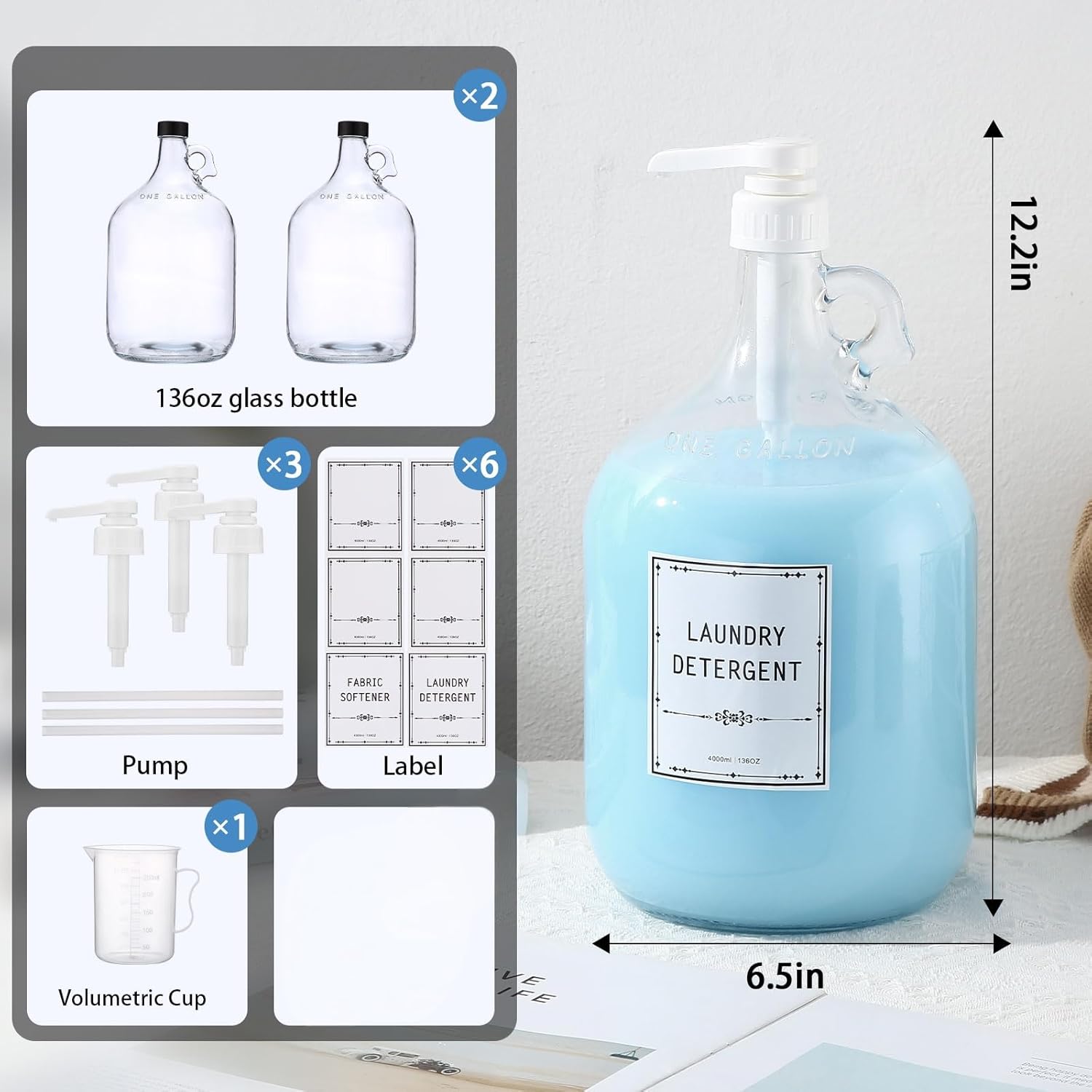 2pcs Glass Liquid Laundry Detergent Dispenser-1 Gallon Glass Pump Bottle Dispensers-Laundry Detergent Dispenser for Fabric Softener, Bleach, Shampoo, Body Wash- Laundry Soap Dispenser