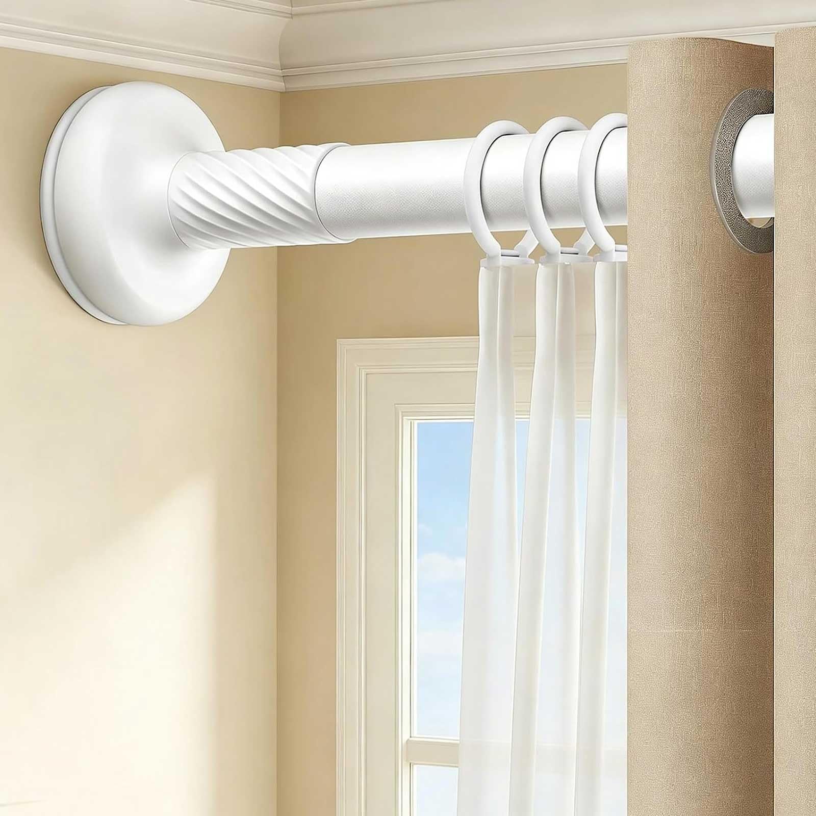 Tension Window Curtain Rod 28-193 in, Stainless Steel Spring Loaded Curtain Rod No Drilling with Rings for Home, Windows, Bathroom, Closet(White,420-490cm/165-193in)